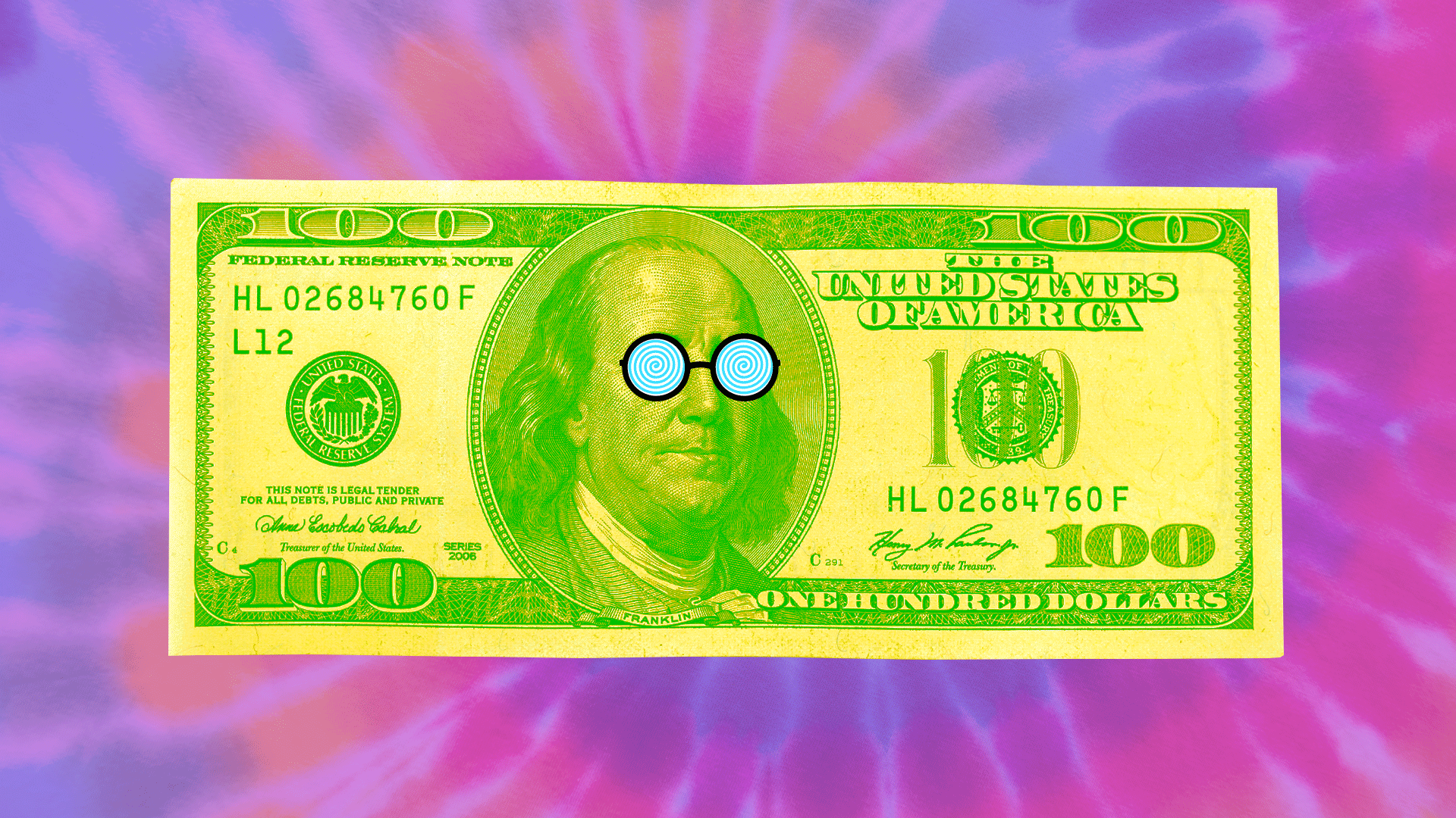 Animated illustration of a hundred dollar bill in psychedelic colors with Benjamin Franklin wearing swirling glasses.