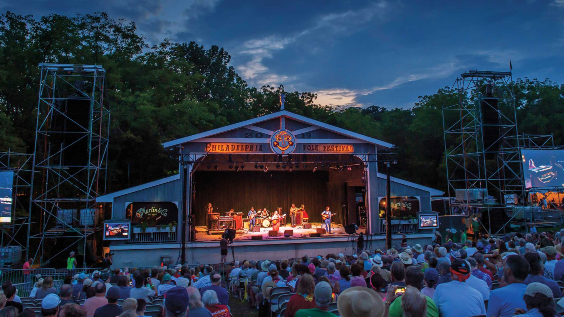 Musicians playing on stage at the Philadelphia Folk Festival