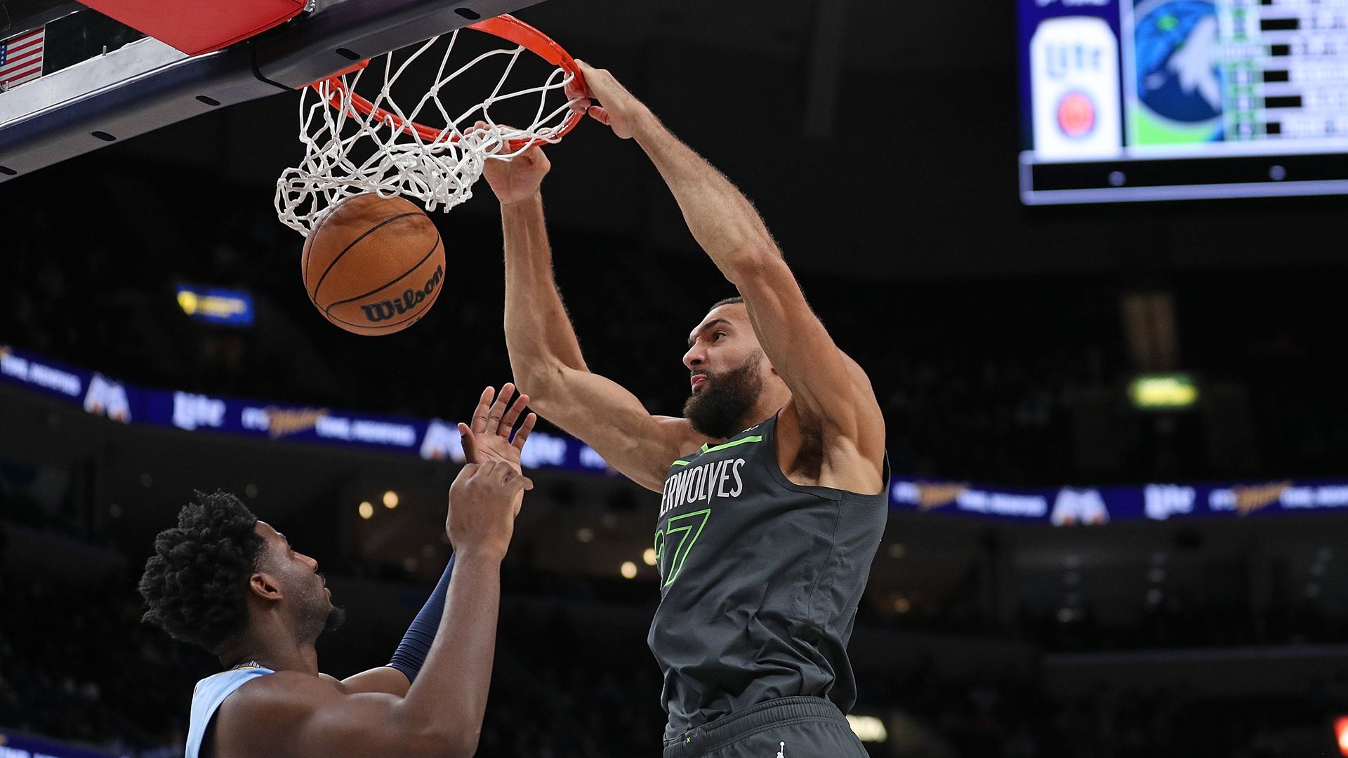 Rudy Gobert dunks a basketball over Jaren Jackson Junior