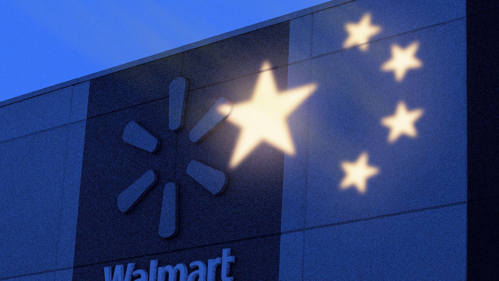 Photo illustration of the stars from China's flag projected in light onto the facade of a Walmart.