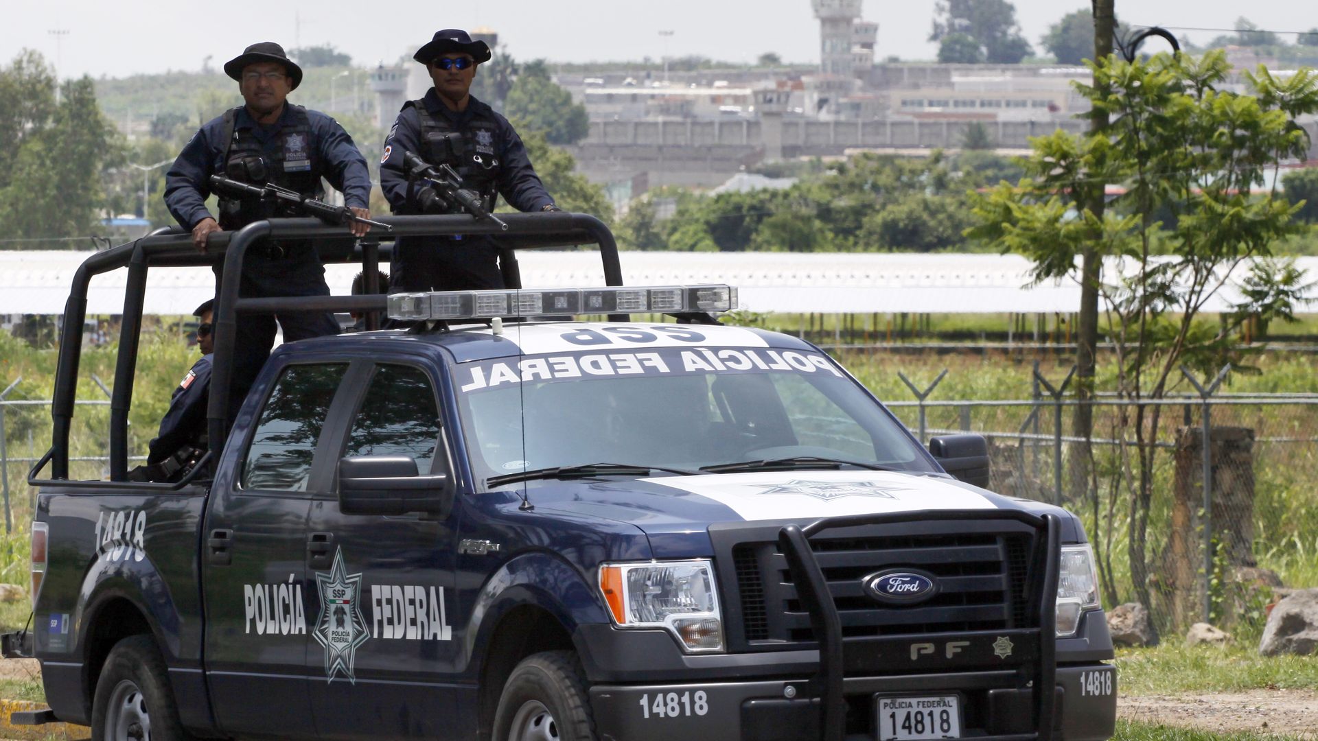 police standing in the back of a patroling car