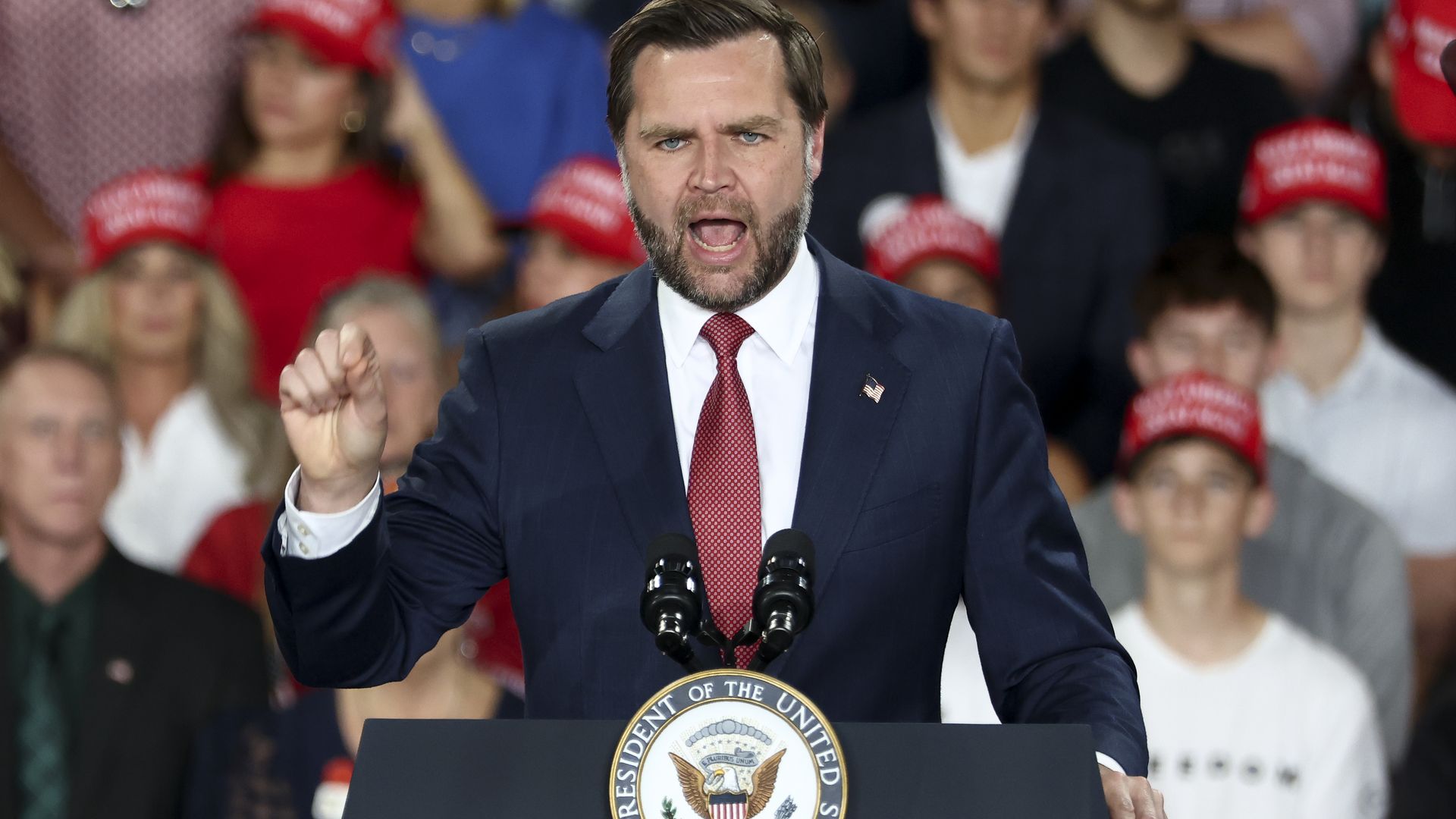 Vice President JD Vance speaks during a midterm campaign rally to support Republican gubernatorial candidate Rep. Byron Donalds (R-FL) on October 1, 2026 in Lakeland, Florida. Vance is campaigning around the country in the run-up to the Novemnber 3 midterm elections. (Photo by Kevin Lamarque