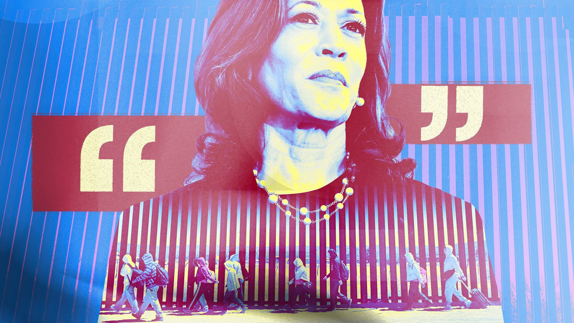 Photo illustration of Kamala Harris with images of migrant walking along the border wall
