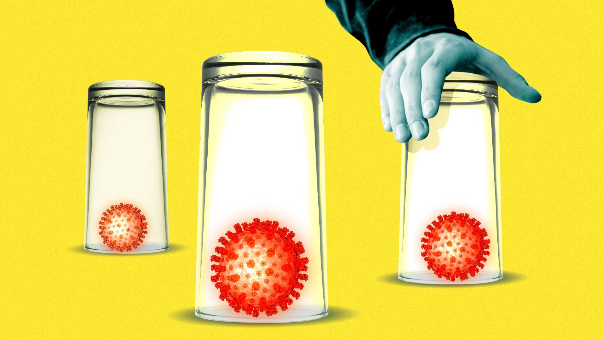 Illustration of a hand placing cups over viruses
