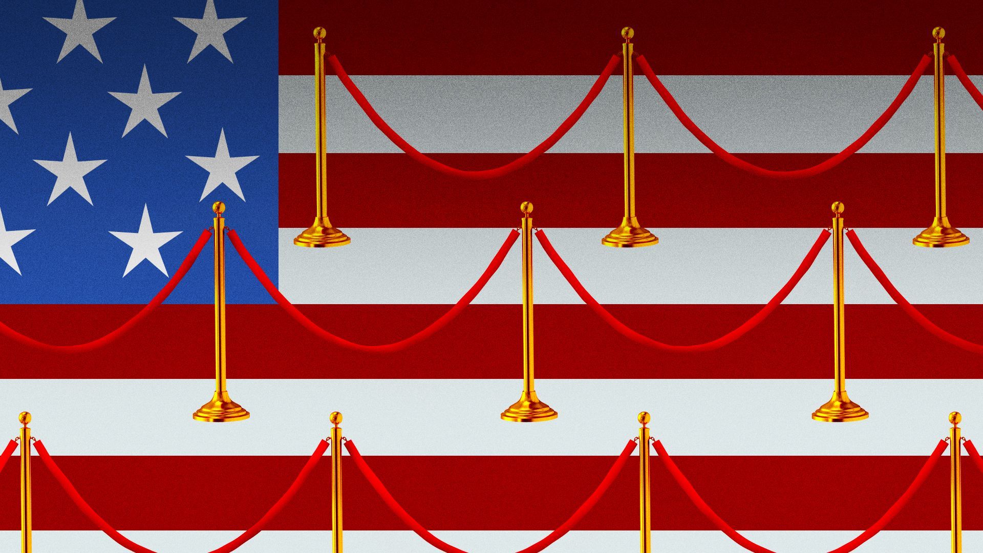 Illustration of the US flag with red carpets and velvet ropes forming the stripes.