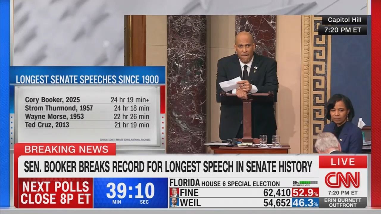 A screenshot of CNN from when Sen. Cory Booker (D-N.J.) broke the record for longest Senate speech.
