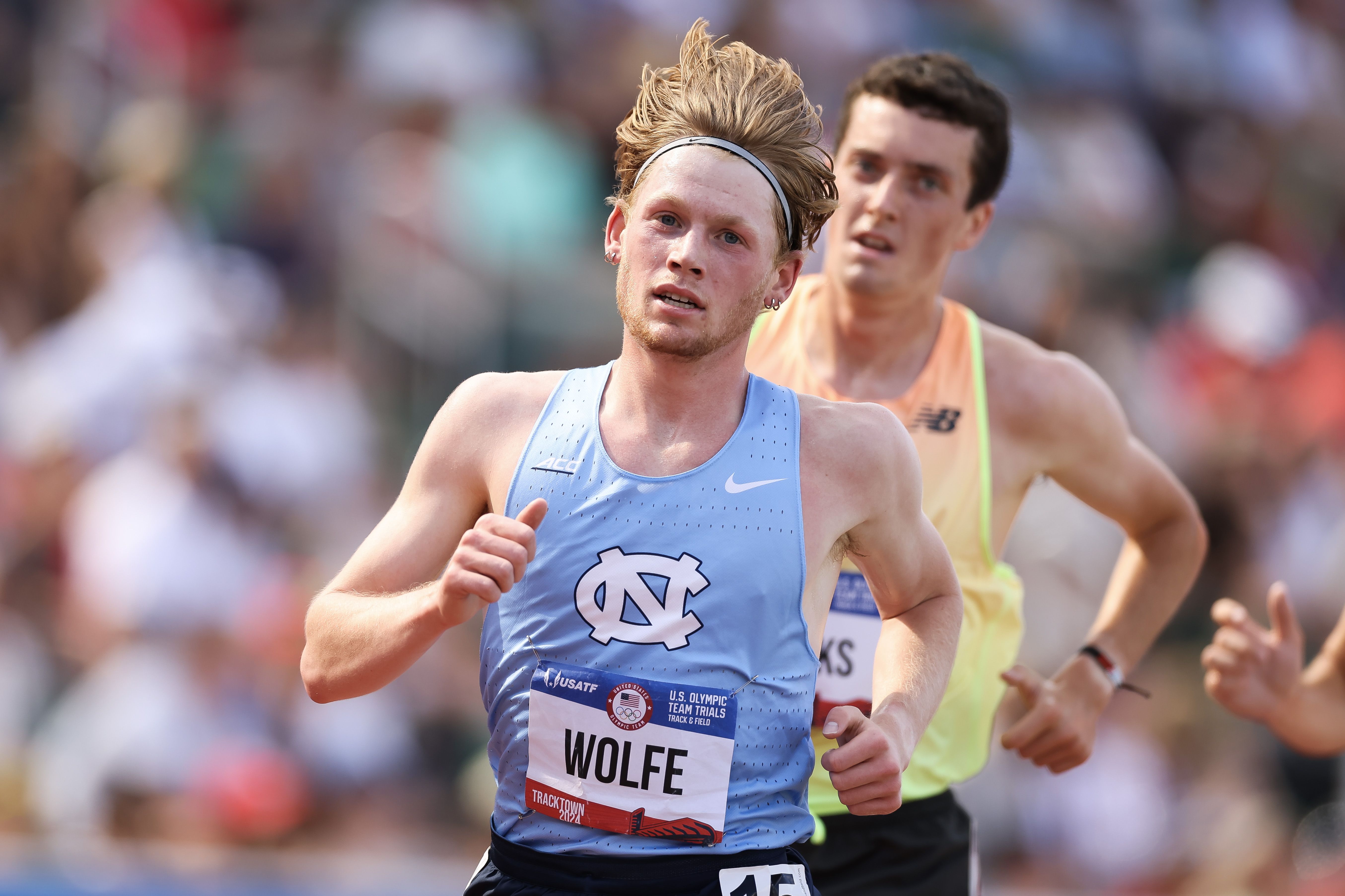 Parker Wolfe competes in the men's 5000 meter final on Day Ten of the 2024 U.S. Olympic Team Track & Field Trials at Hayward Field on June 30, 2024 in Eugene, Oregon. (Photo by Christian Petersen/Getty Images)