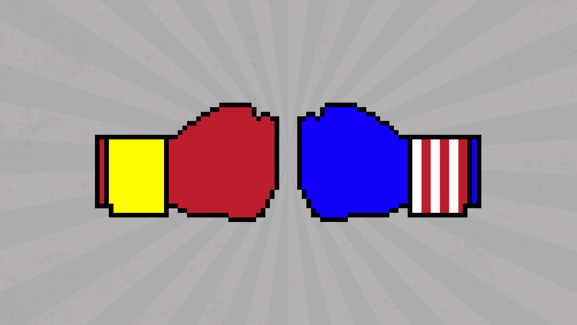 Animated illustration of pixel-art boxing gloves hitting one another. One is in American colors and the other is in Chinese colors.