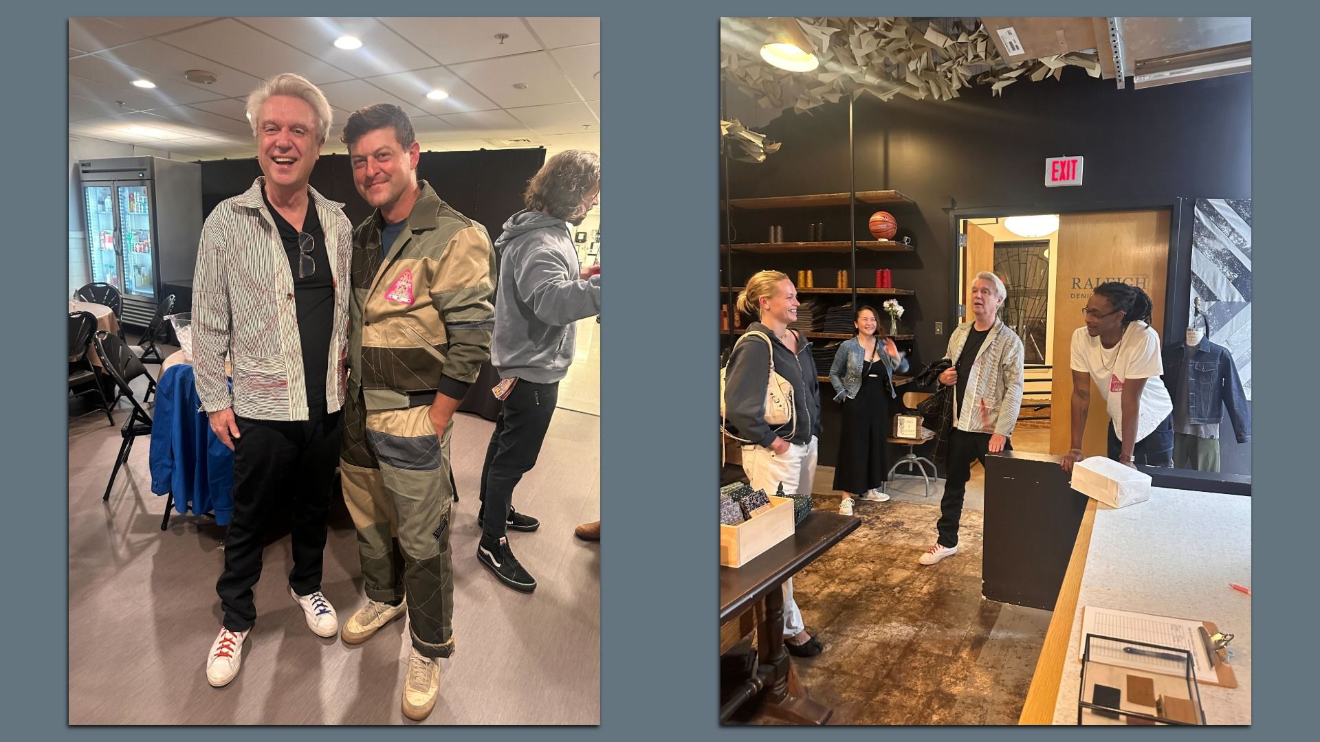 Two-panel image: left shows two smiling men posing in a room with a beverage fridge and chairs; right shows a small group chatting indoors near shelves, an EXIT sign, and a Raleigh door.
