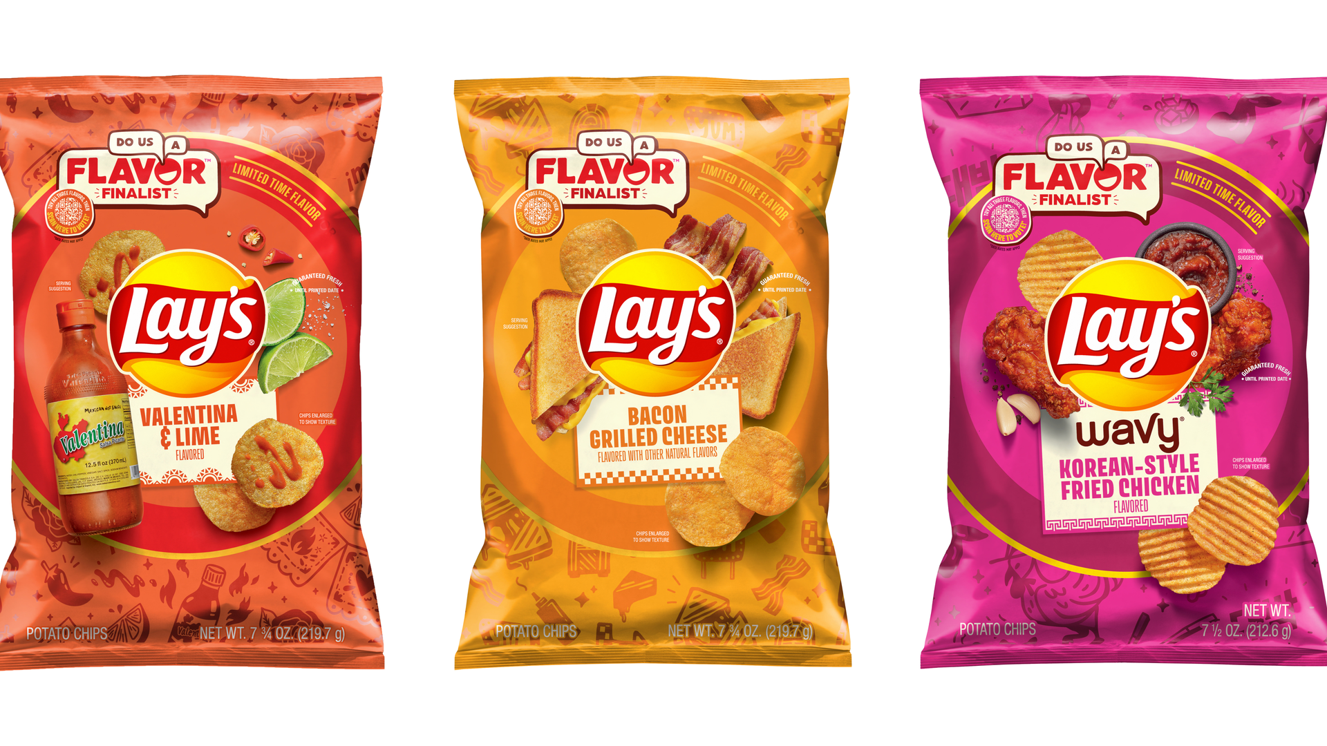 three bags of Lay's potato chips next to each other. One is red-orange and "valentine & lime" flavored. Second is a yellow-orange and bacon grilled cheese flavored. The last is purple-y pinnk and korean-style fried chicken.