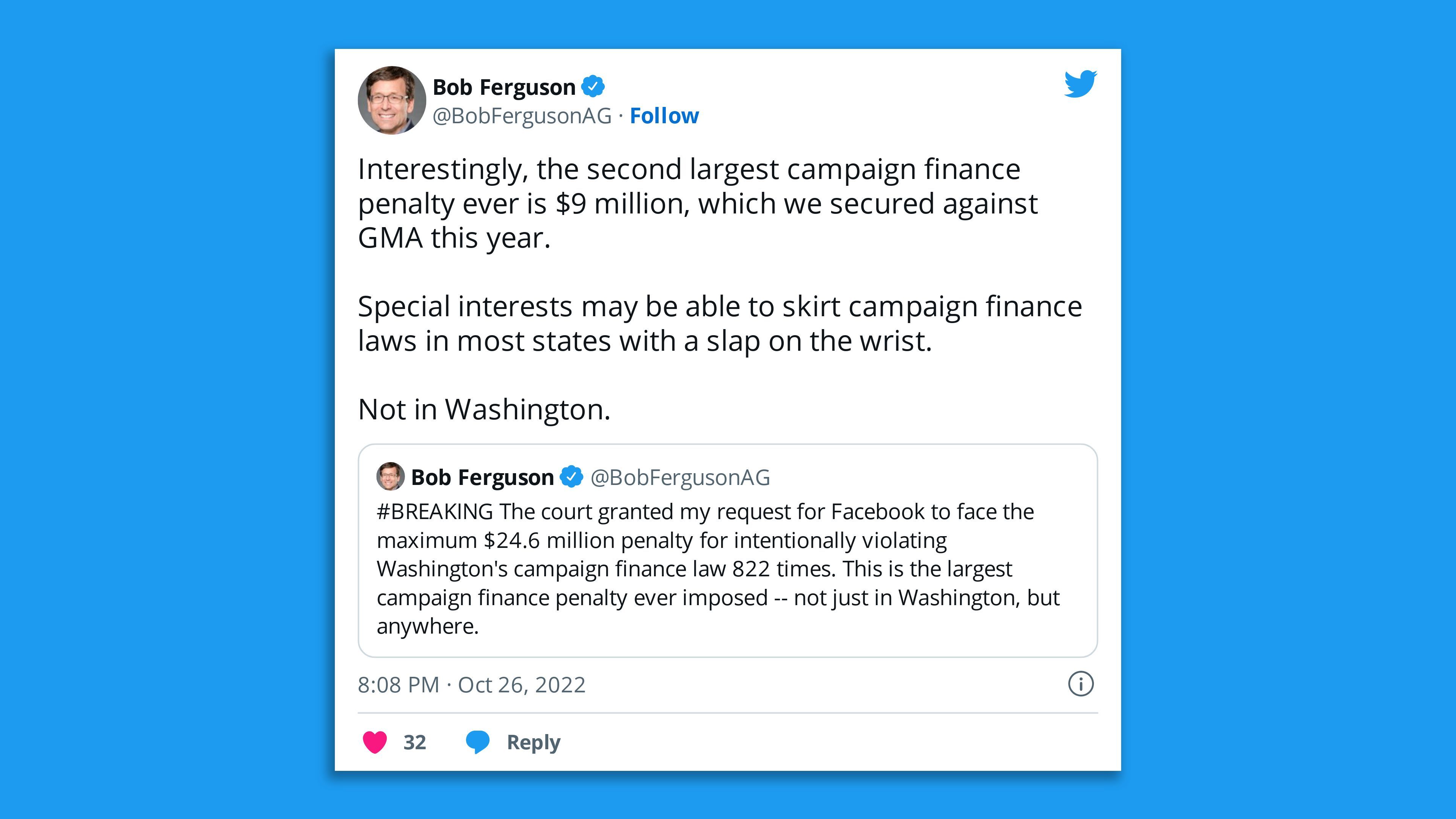 A screenshot of a tweet from Washington Attorney General Bob Ferguson saying the Meta fine represents the largest ever campaign finance penalty in the U.S.