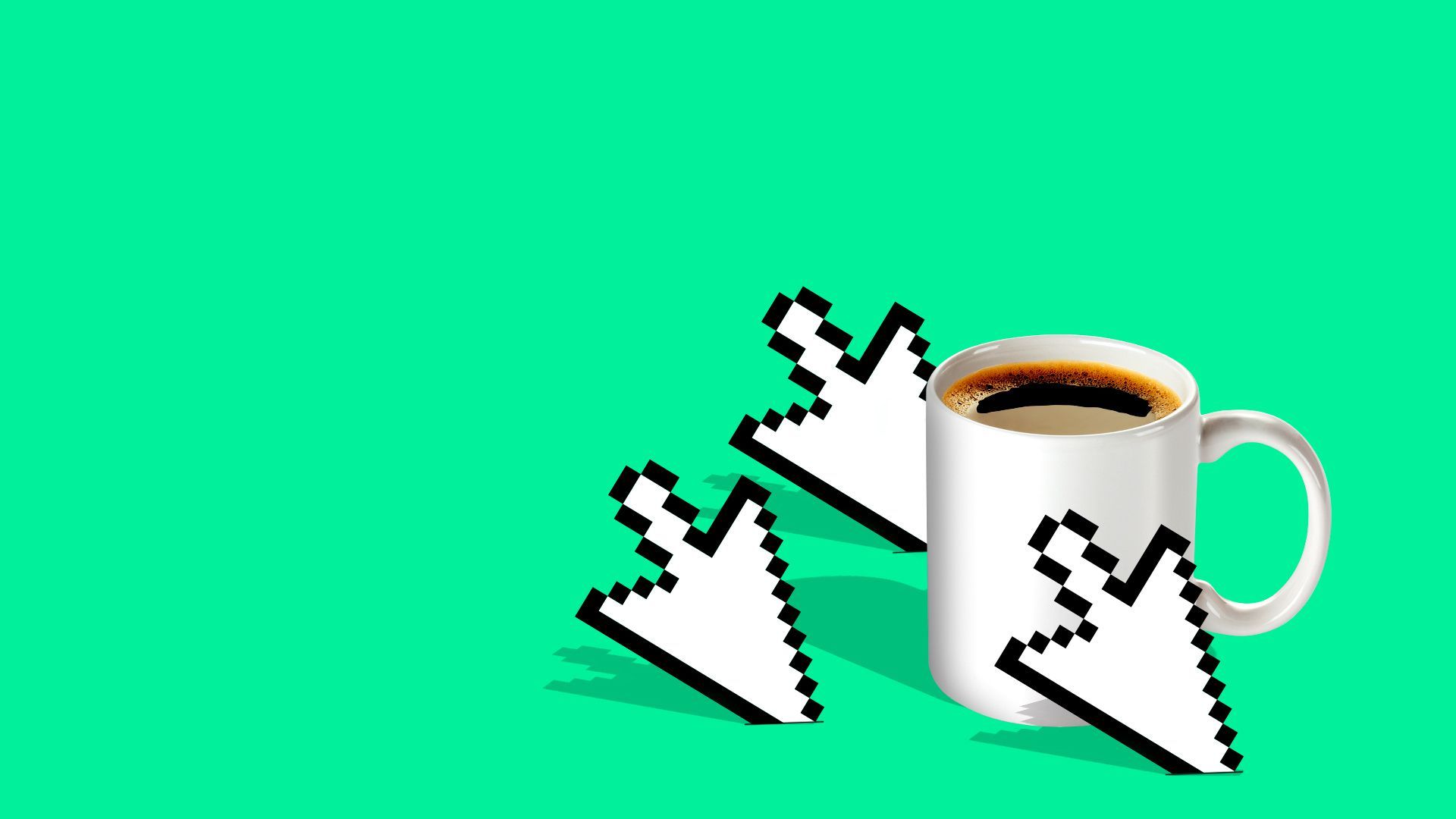 Illustration of a coffee mug being attacked by cursors. 
