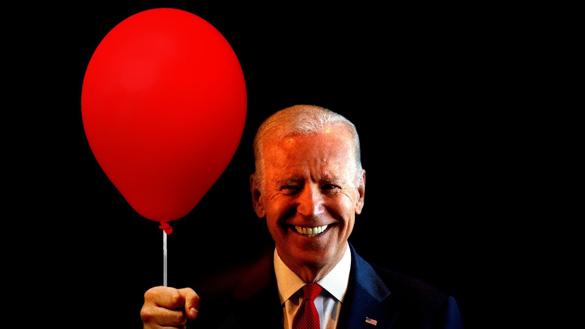 Illustration of Biden holding a red balloon, like the from the movie "It"