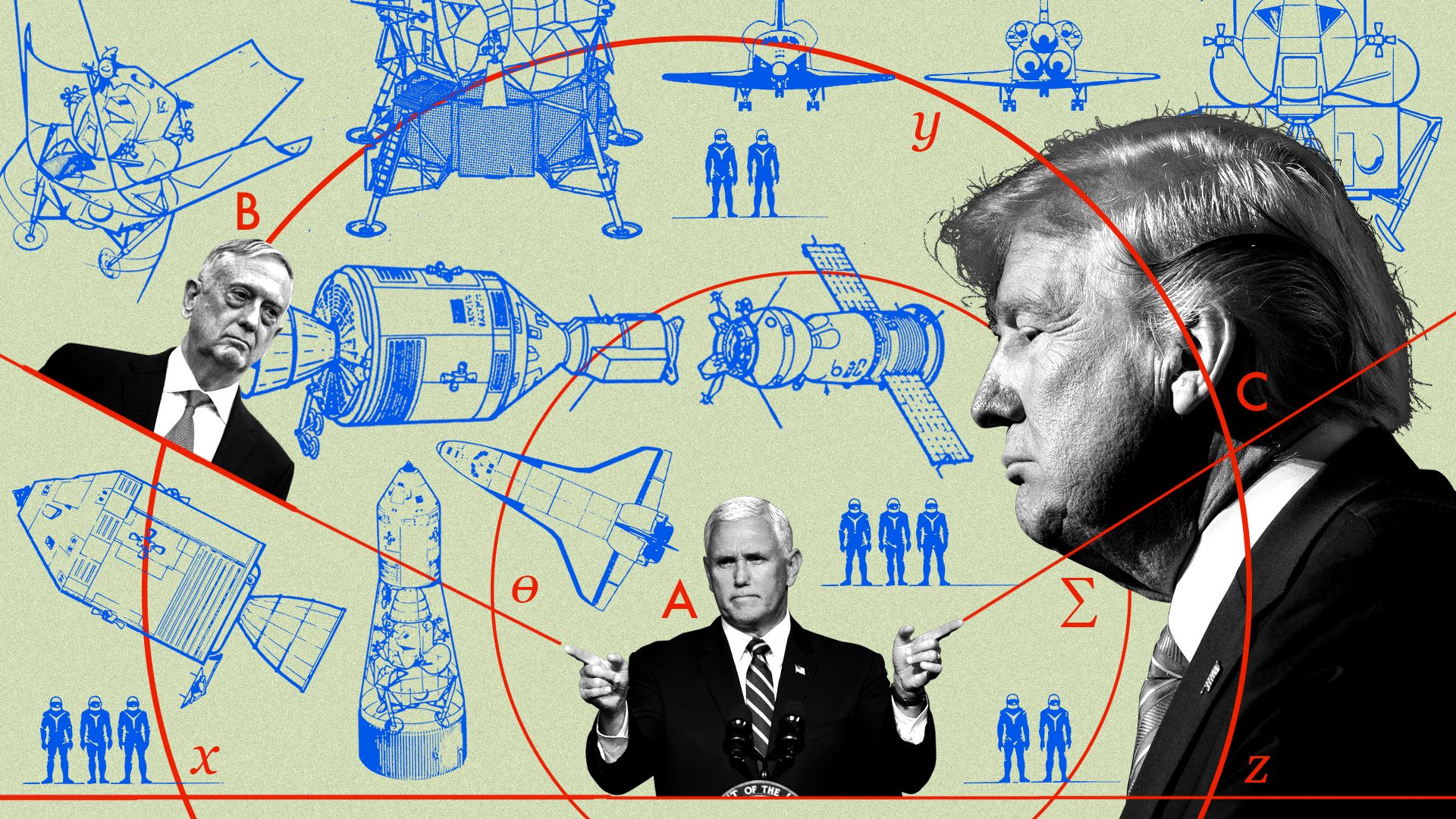 This diagram shows Mike Pence, John Kelly and Donald Trump with space stuff