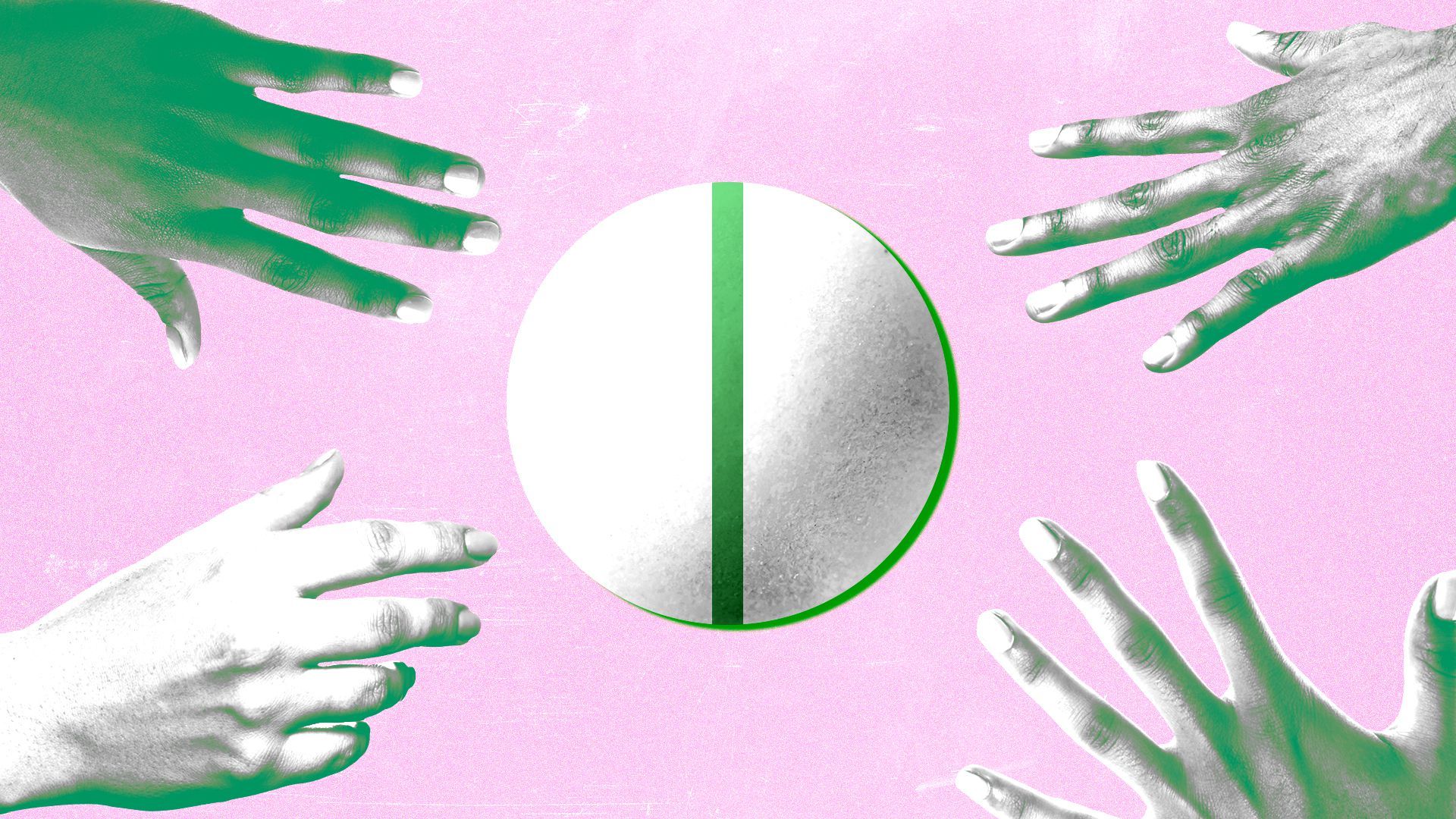 Illustration of four hands reaching for the same pill.