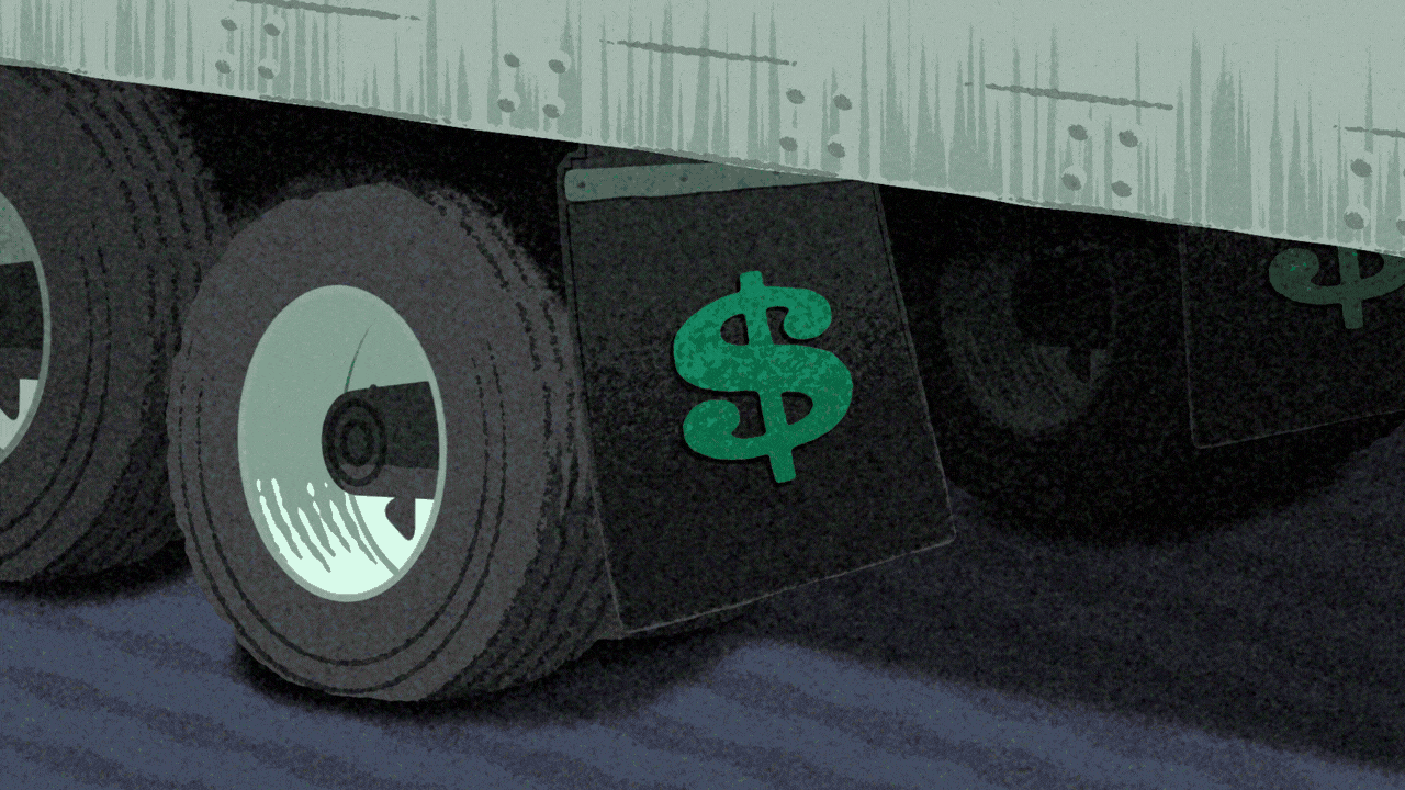 Animated illustration of a moving 18-wheeler truck's rear tires, with a mudflap with a dollar sign on it.