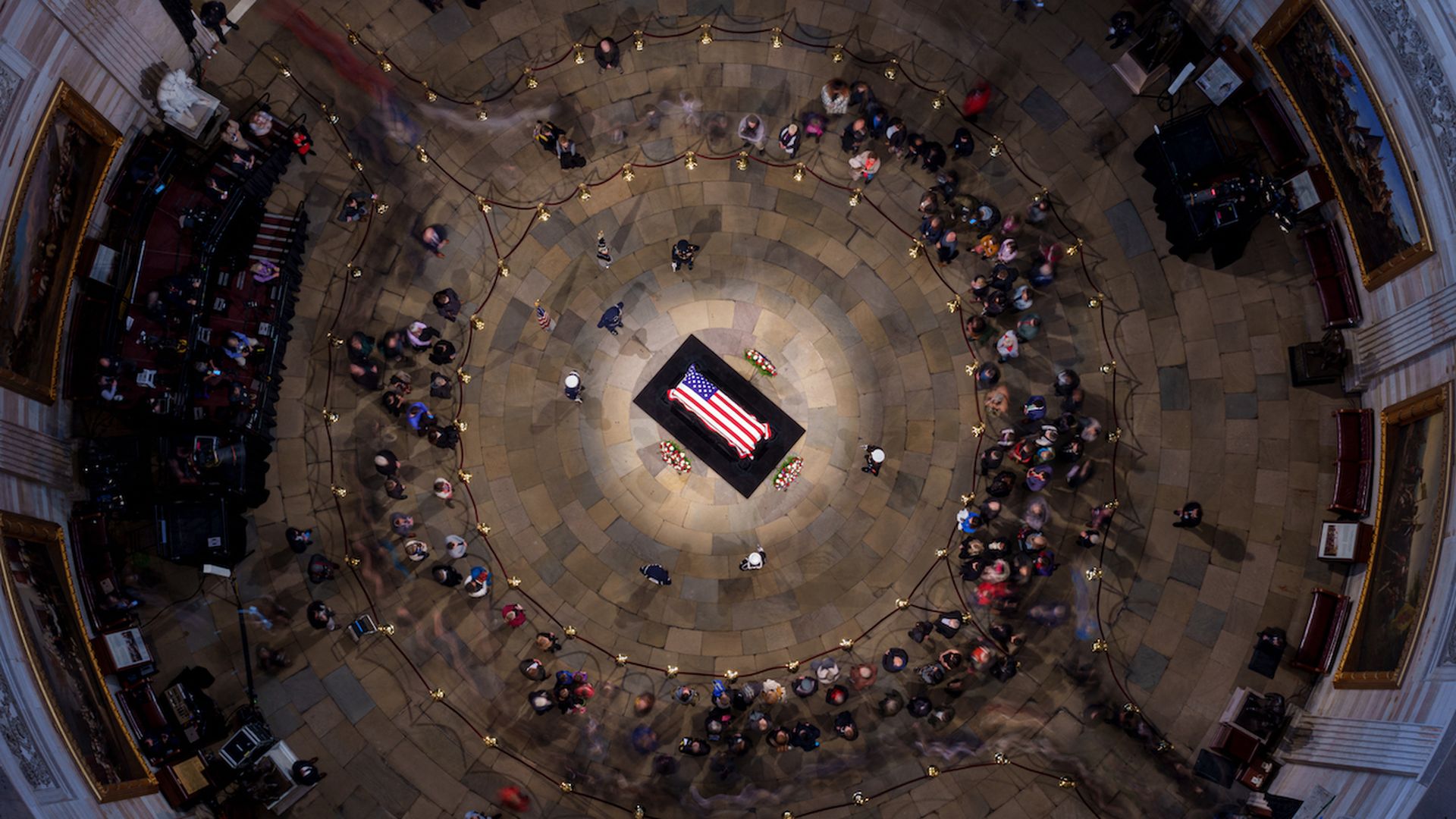 he flag-draped casket of former US President Jimmy Carter lies in state in the US Capitol Rotunda on January 8, 2025 in Washington, DC. 