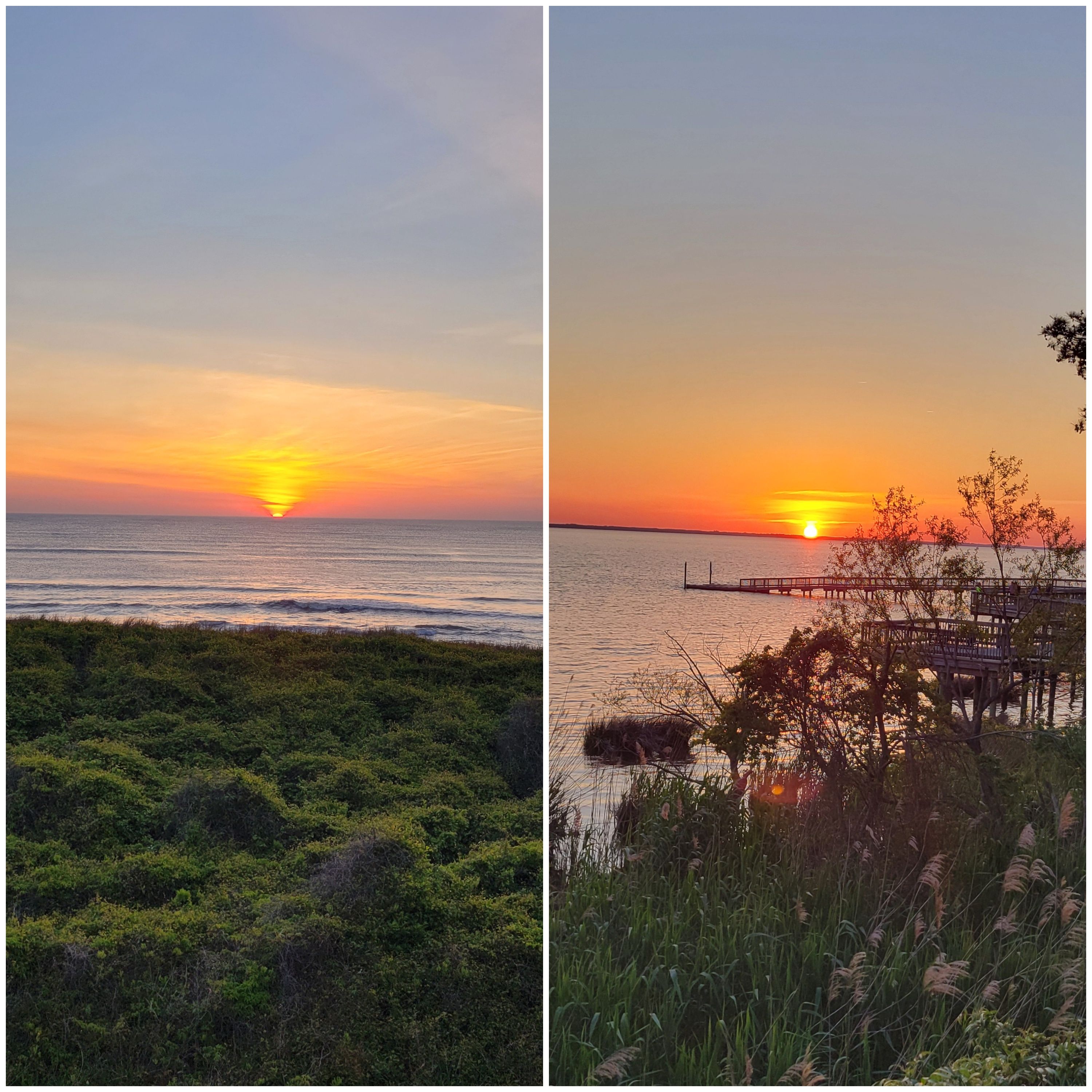Sunrise and sunset over an ocean in a diptych
