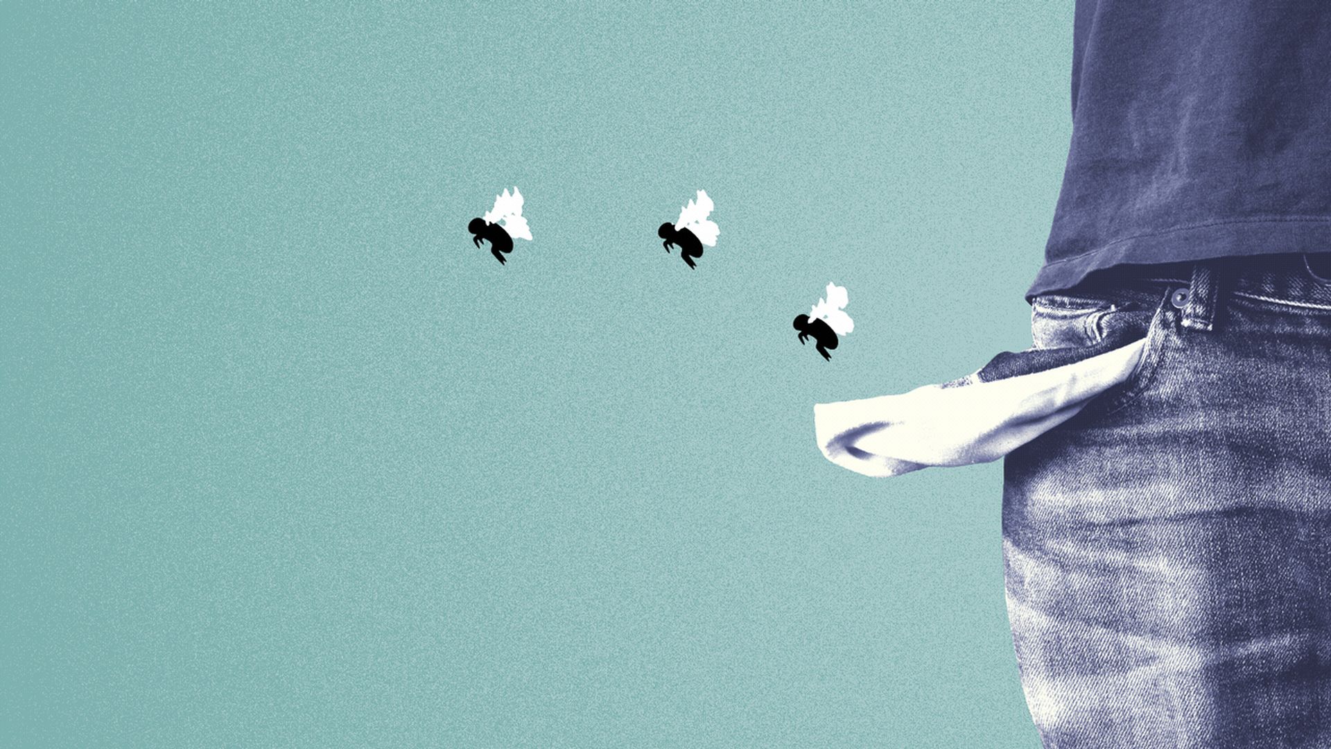 Animated illustration of flies flying out of a person's empty jeans pocket, which has been turned inside out.