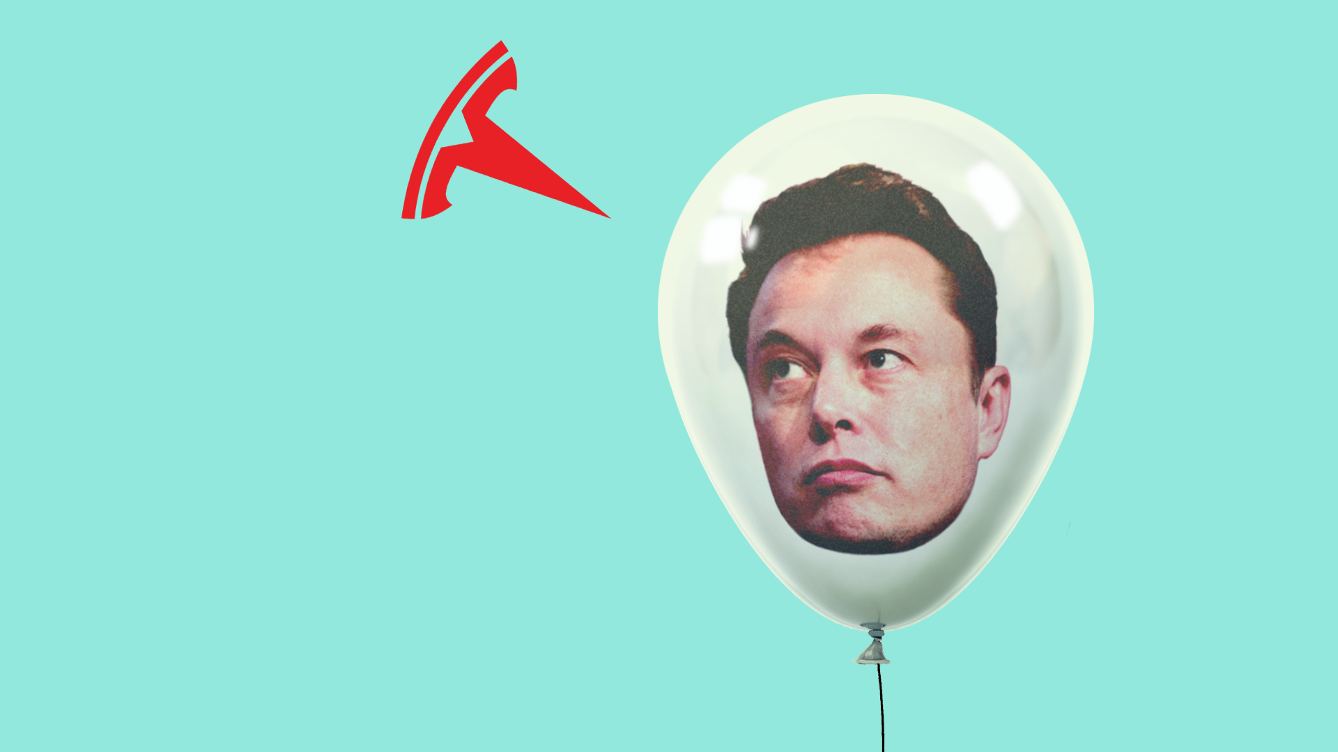Illustration of Tesla-icon-shaped pick about to burst bubble with Elon Musk's head on it