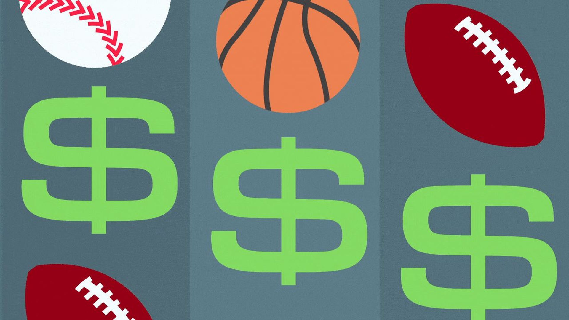 Illustration of a slot machine featuring a basketball, baseball, football, and dollar signs.