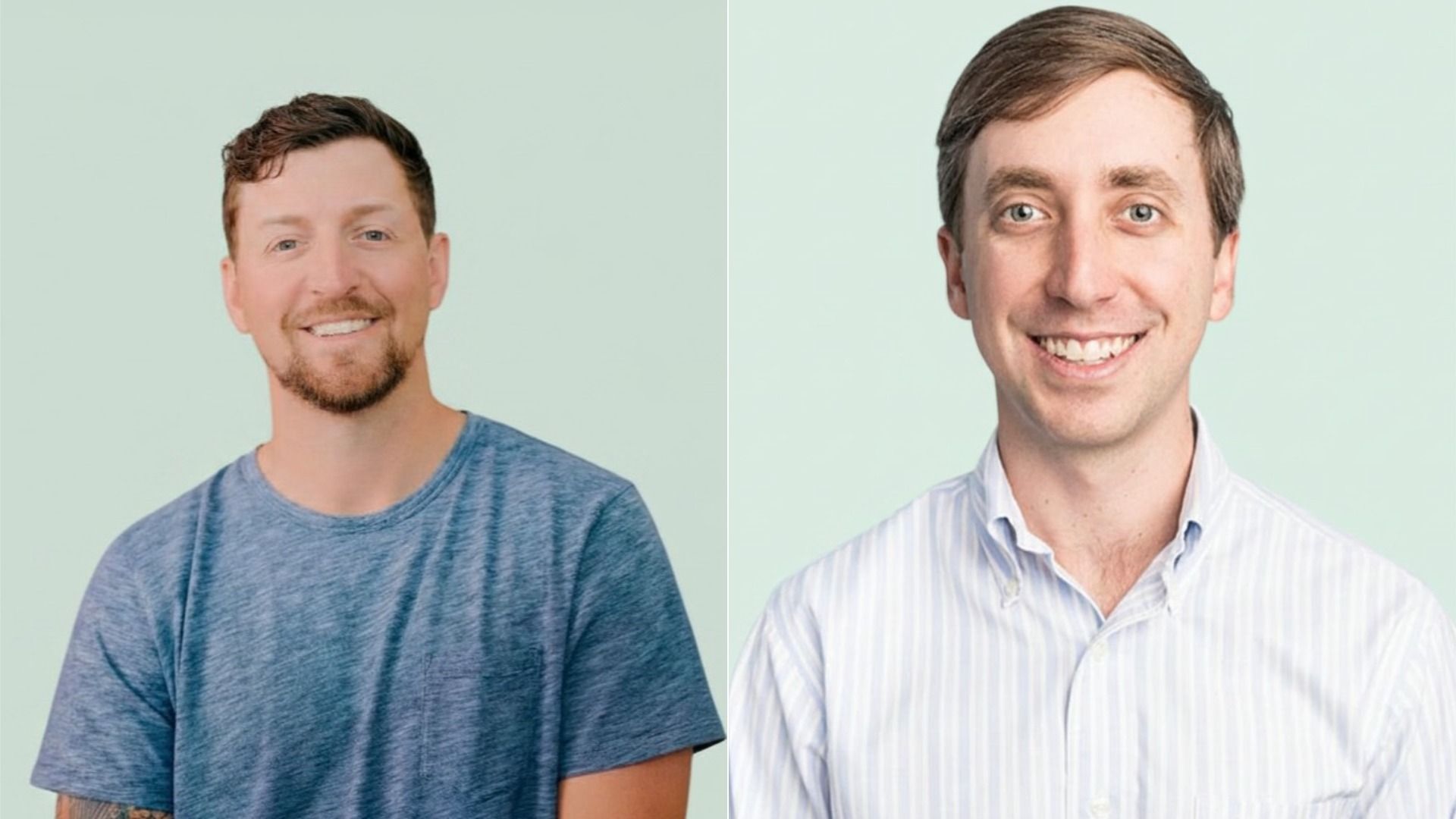 Split image of two smiling men against a pale green background. Left: man with short dark hair and light stubble wearing a blue T-shirt. Right: man with light brown hair wearing a striped shirt.