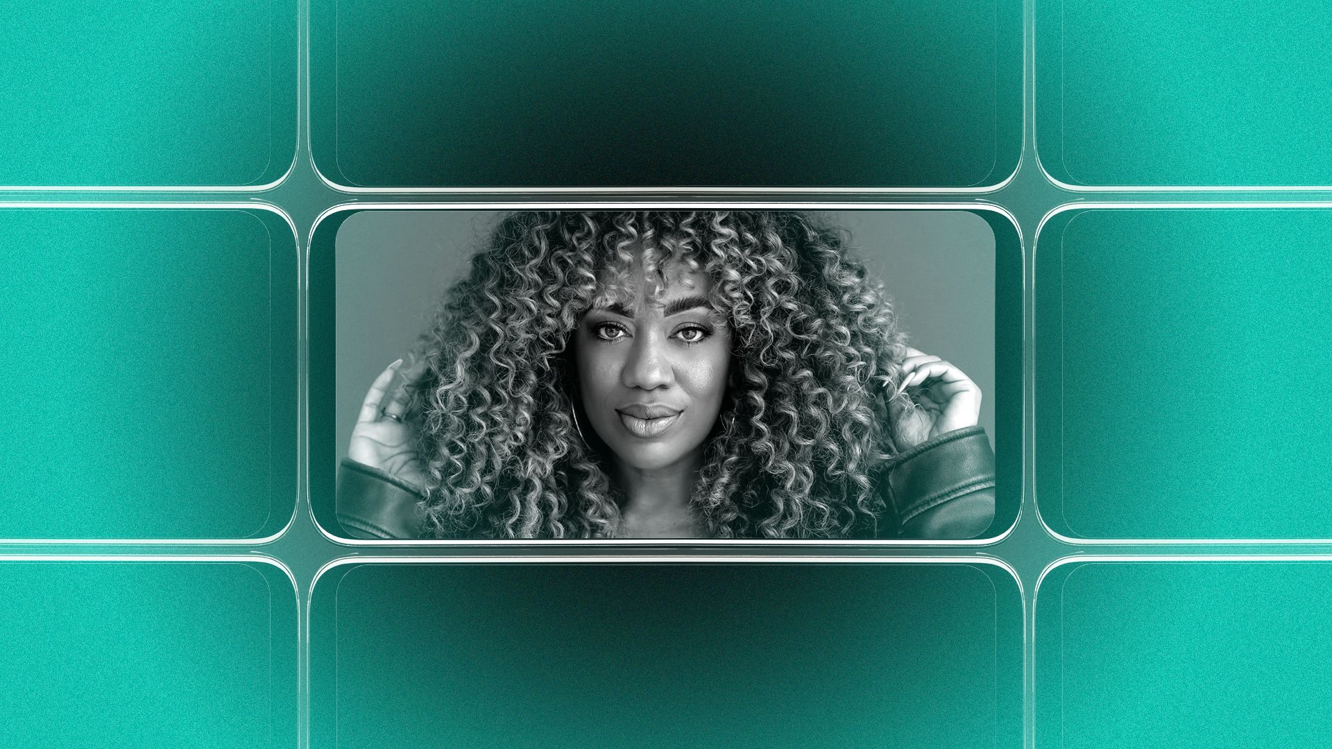 Photo illustration of a grid of smartphone screens, the center one showing an image of Melisa Valdez.