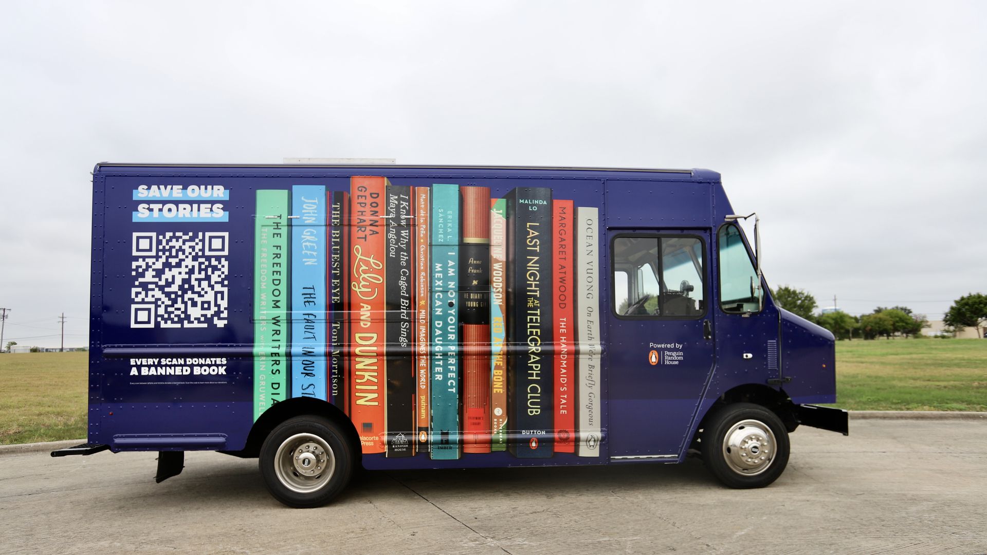 a little truck with books on the side that says Banned Books 