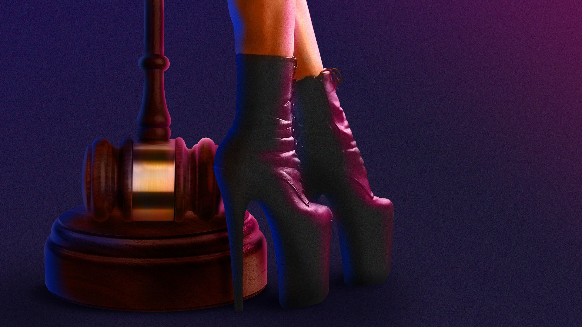 Illustration of a woman in high heels standing next to a gavel. 