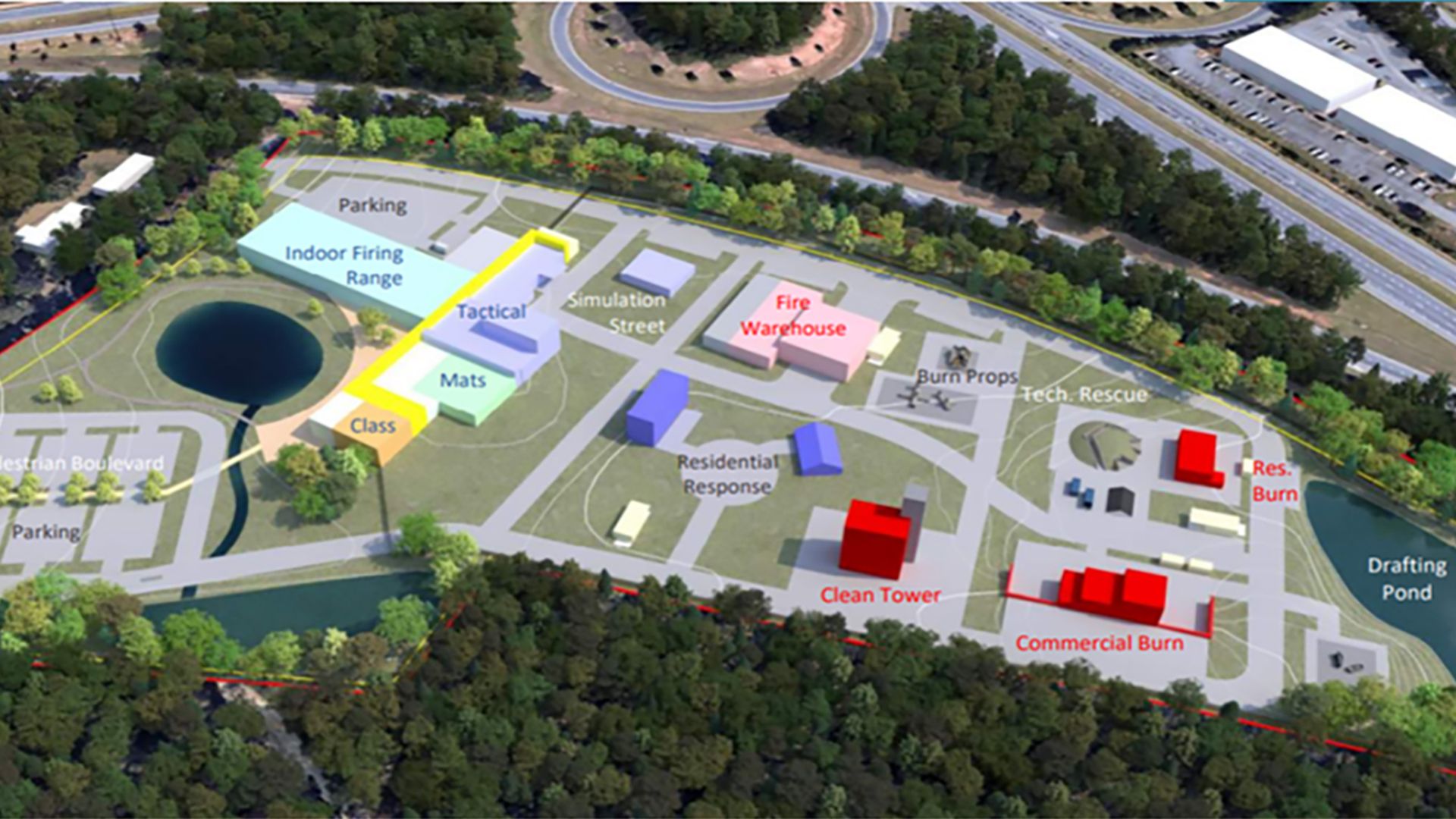 Aerial view of renderings of buildings across a grass field