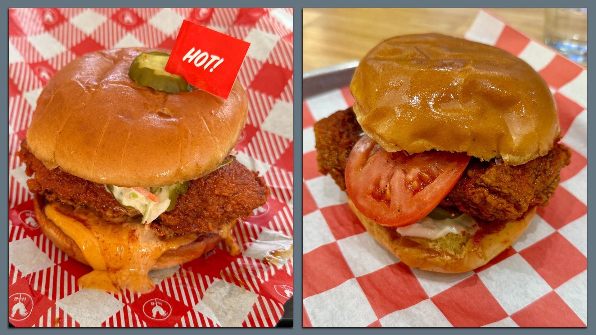 Two fried chicken sandwiches on red and white checkered paper; left sandwich has spicy sauce and a red "HOT!" flag with pickles, right sandwich has tomato slice and mayonnaise.
