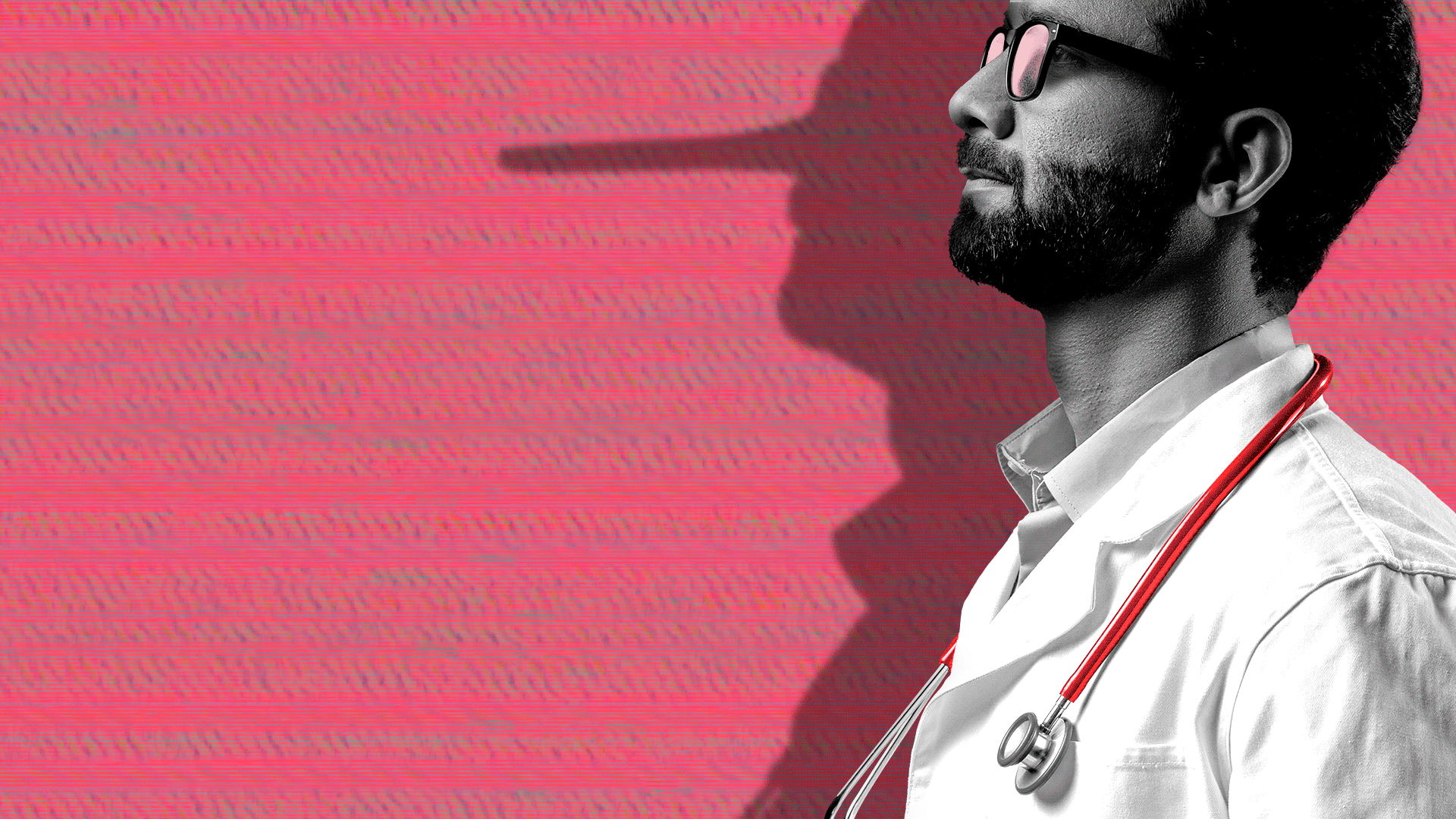 Animated illustration of a doctor in profile casting a shadow with an exaggeratedly long nose against a glitching background 