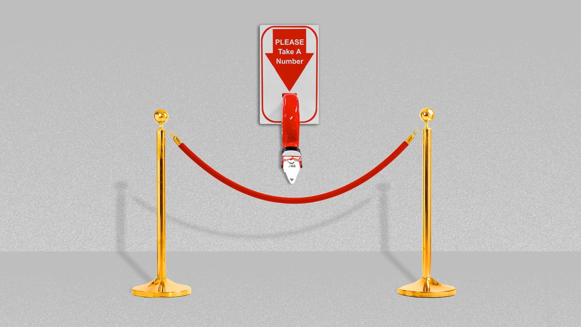 Illustration of a wait in line ticket dispenser with a velvet rope in front of it.