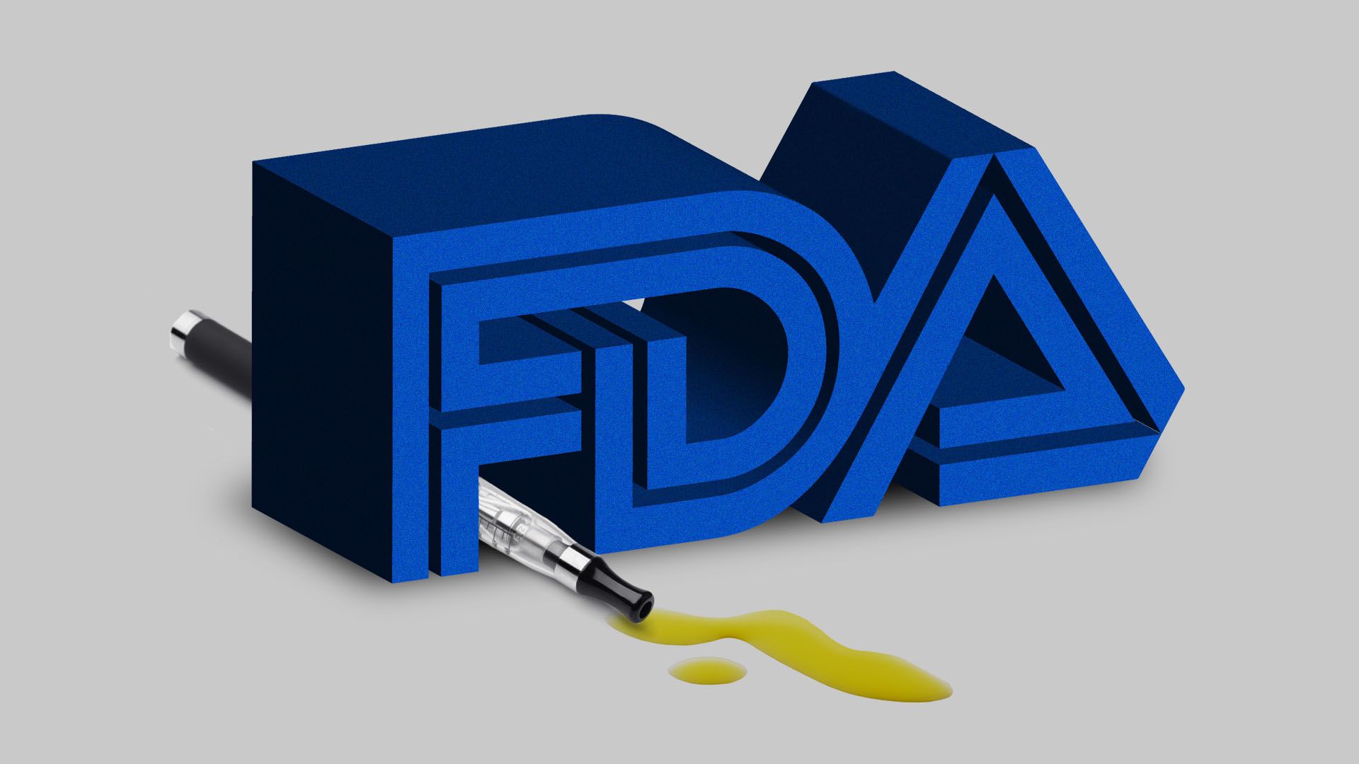 In this illustration, a vape pen leaks while laying between the letters of the FDA logo.