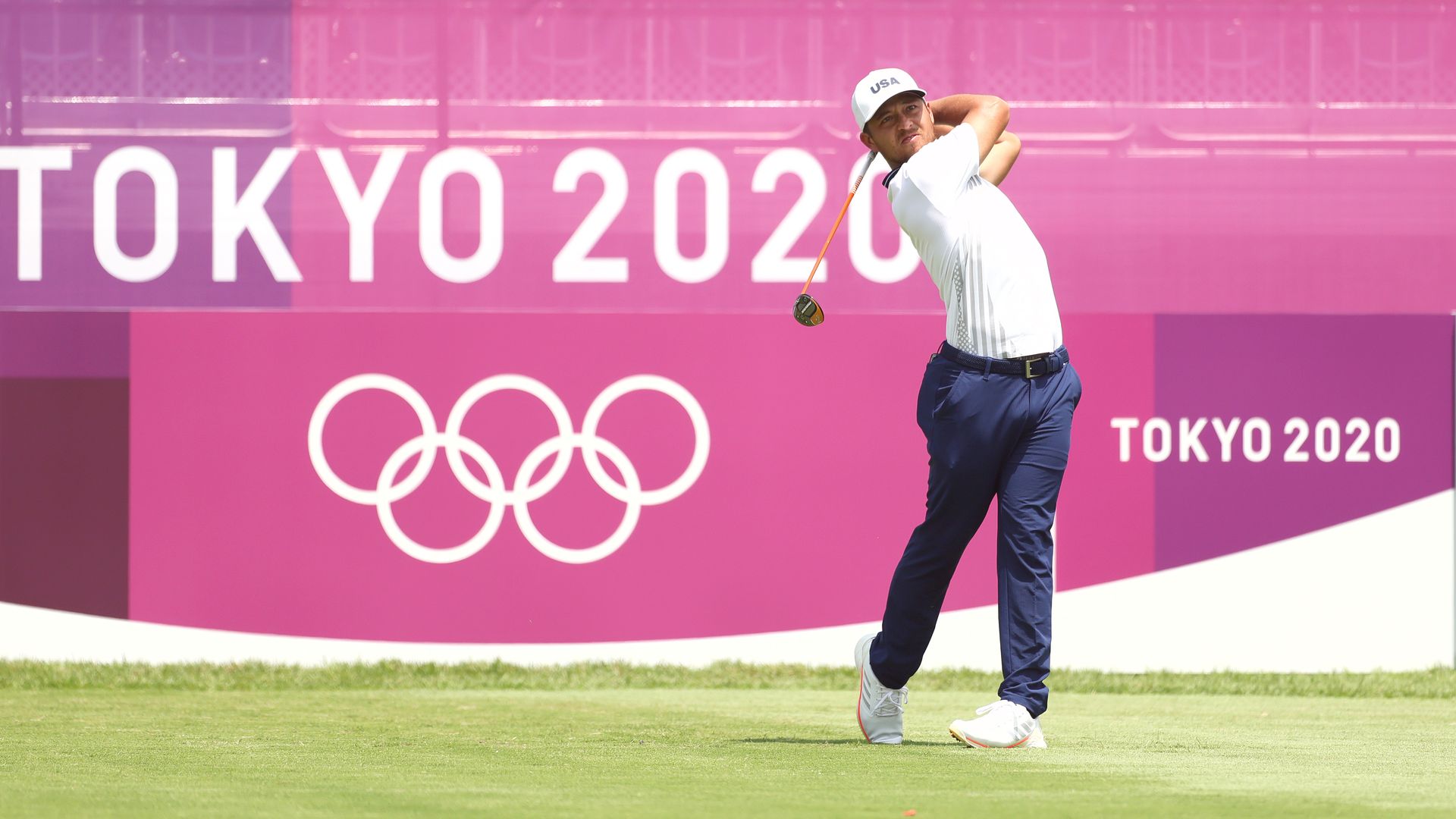 Xander Schauffele of Team USA plays his shot at the Men's Individual Stroke Play on day eight of the Tokyo 2020 Olympic Games at Kasumigaseki Country Club on July 31