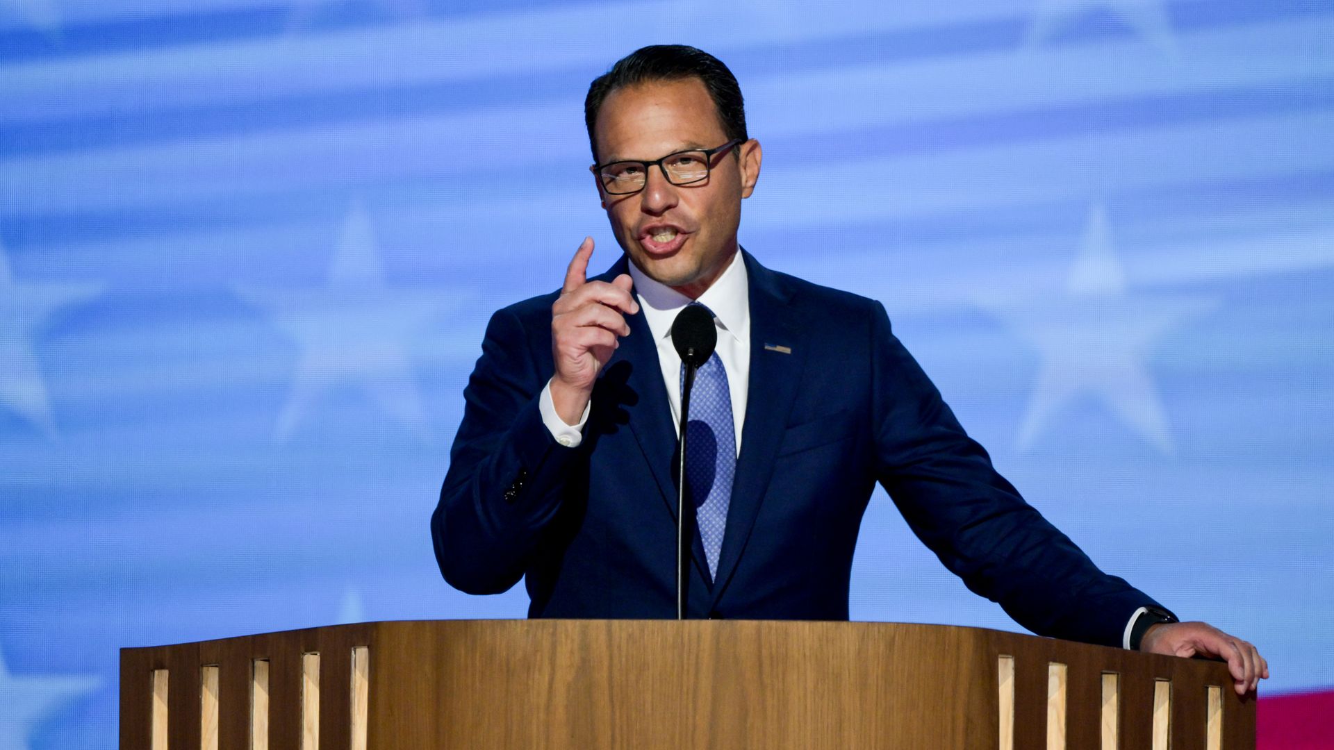 Gov. Josh Shapiro speaking during the 2024 Democratic National Convention (DNC) at the United Center in Chicago, Illinois.