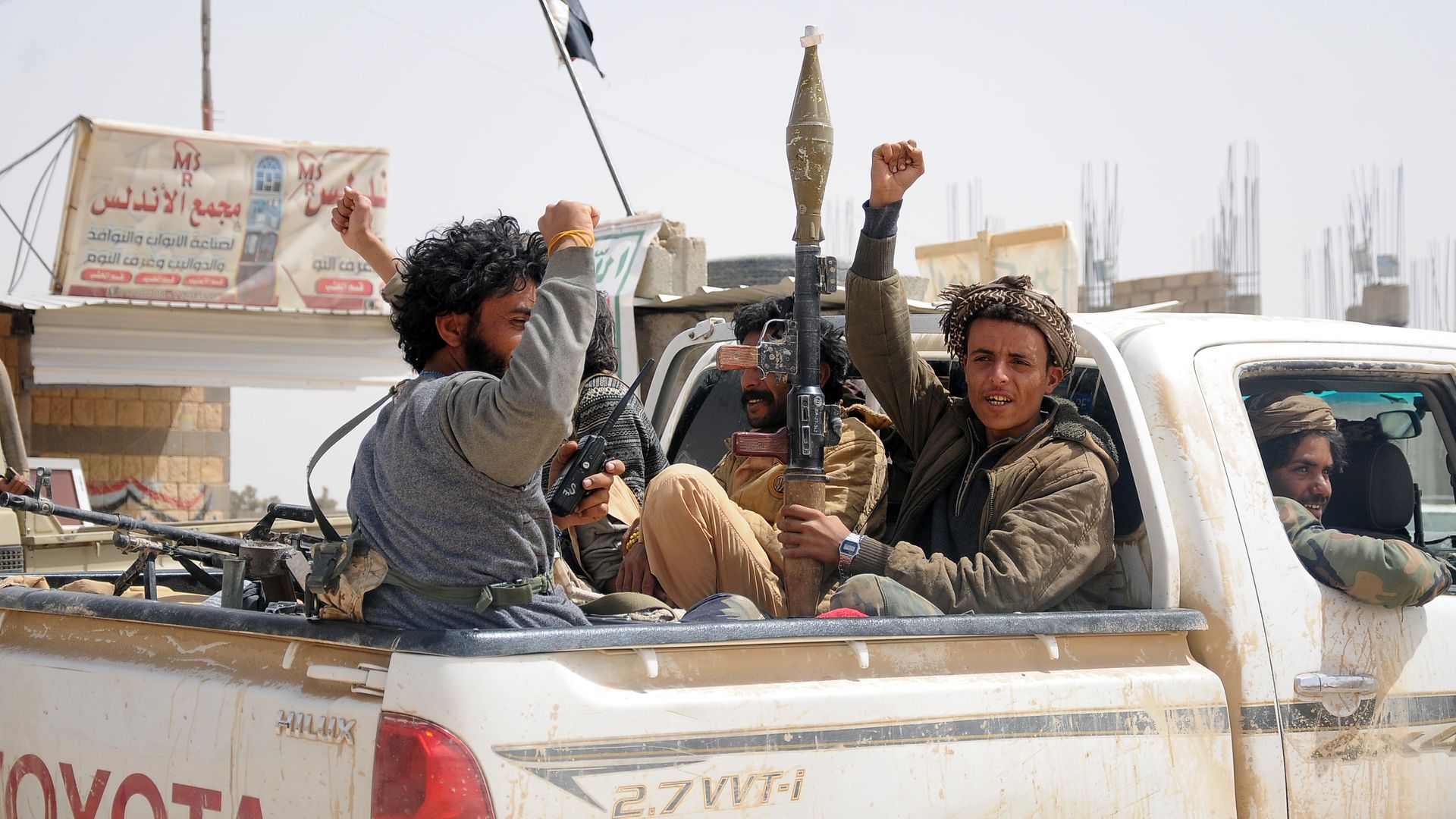 Houthi fighters gather at a recently captured area following heavy fighting with forces loyal to the internationally recognized government on March 2, 2020 in Al-Jawf province, Yemen
