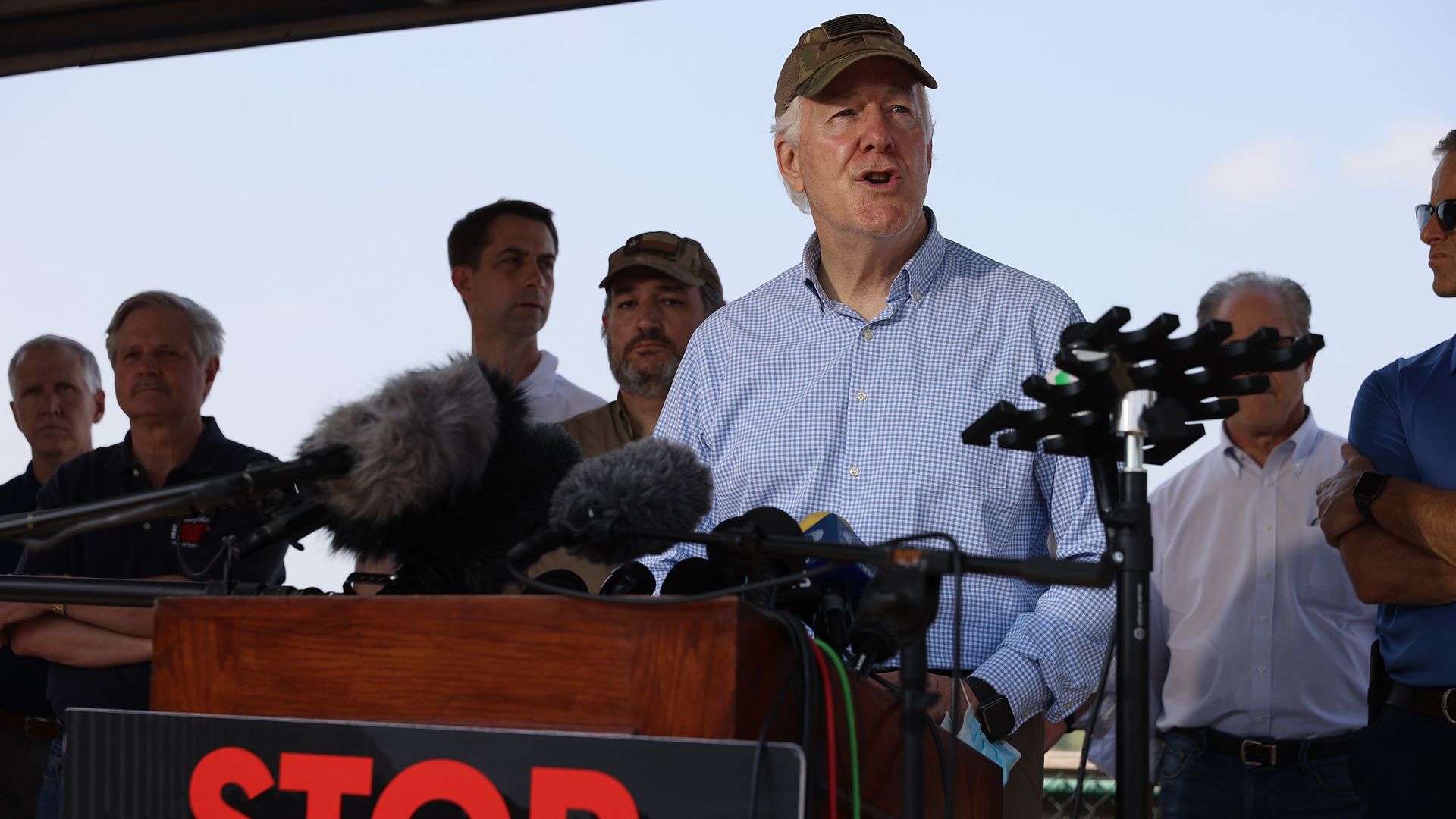 Sen. John Cornyn (R-TX) speaks to the media after a tour of part of the Rio Grande river 