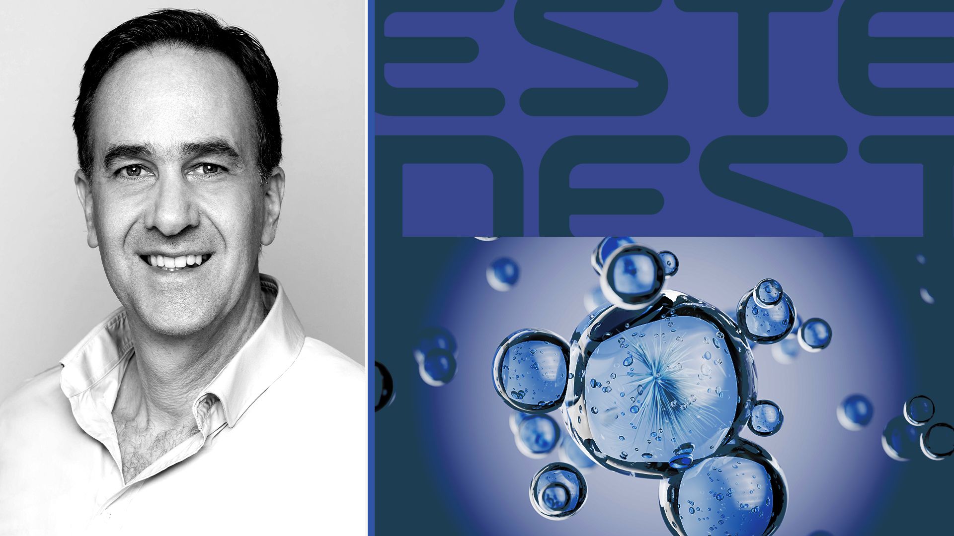 Photo illustration of Peter Zonneveld next to a deconstrcuted Neste logo and a close up of a molecule. 