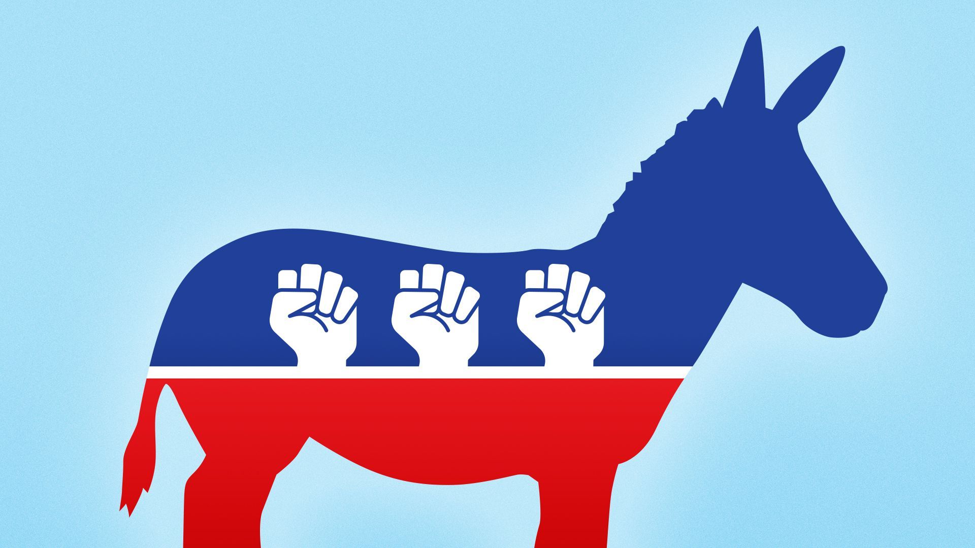 Illustration of the democratic party donkey with three fist icons in place of stars