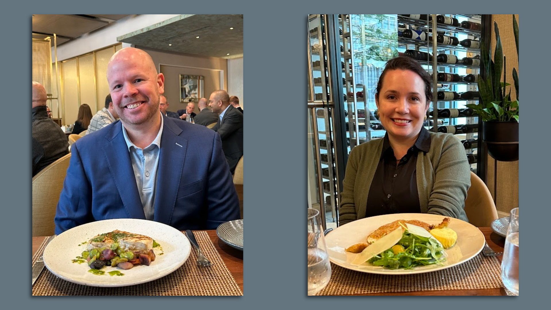 Two people in separate images seated in front of food