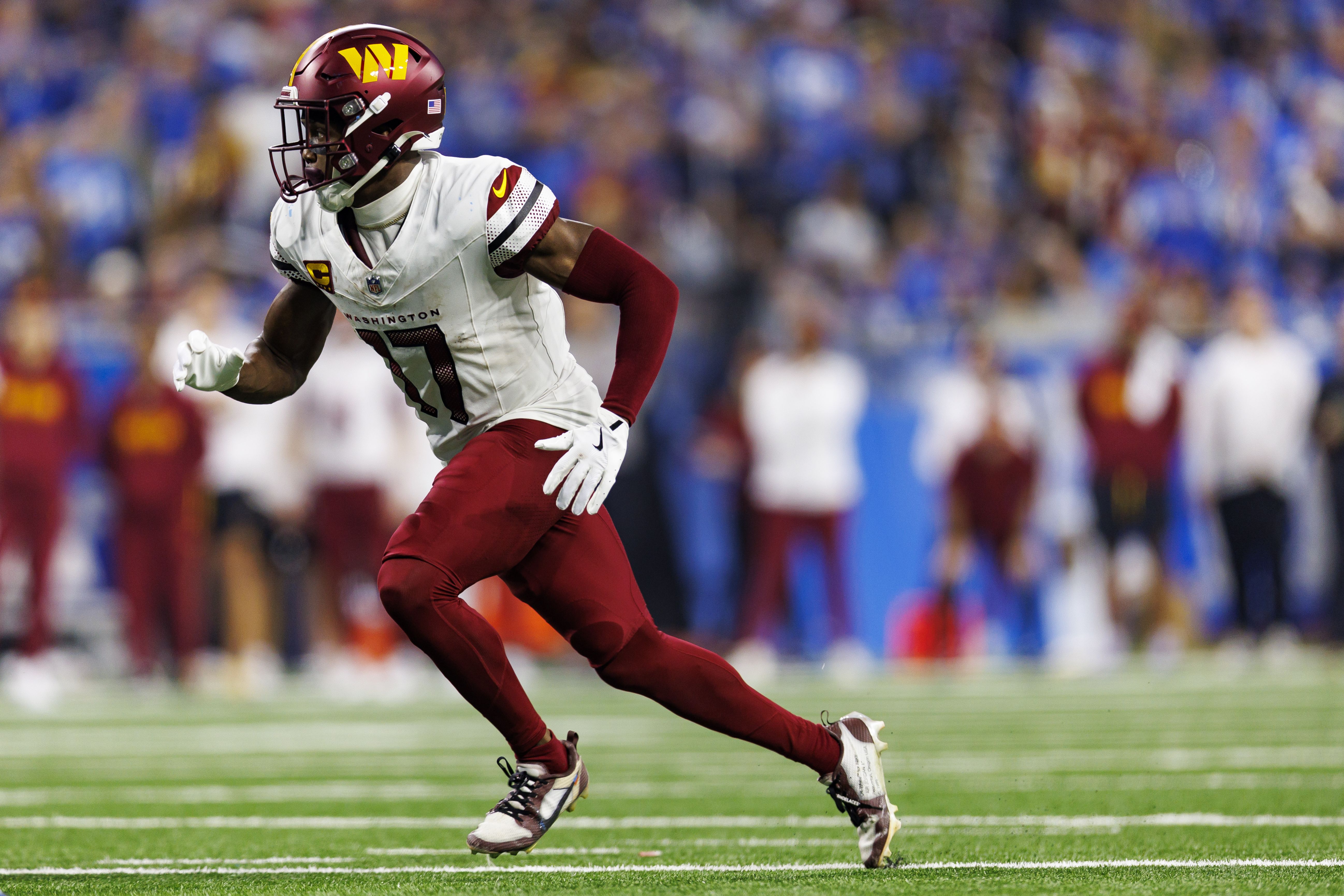 DETROIT, MICHIGAN - JANUARY 18: Wide receiver Terry McLaurin #17 of the Washington Commanders runs downfield during the second half of the NFC Divisional Playoff game against the Detroit Lions, at Ford Field on January 18, 2025 in Detroit, Michigan. (Photo by Brooke Sutton/Getty Images)