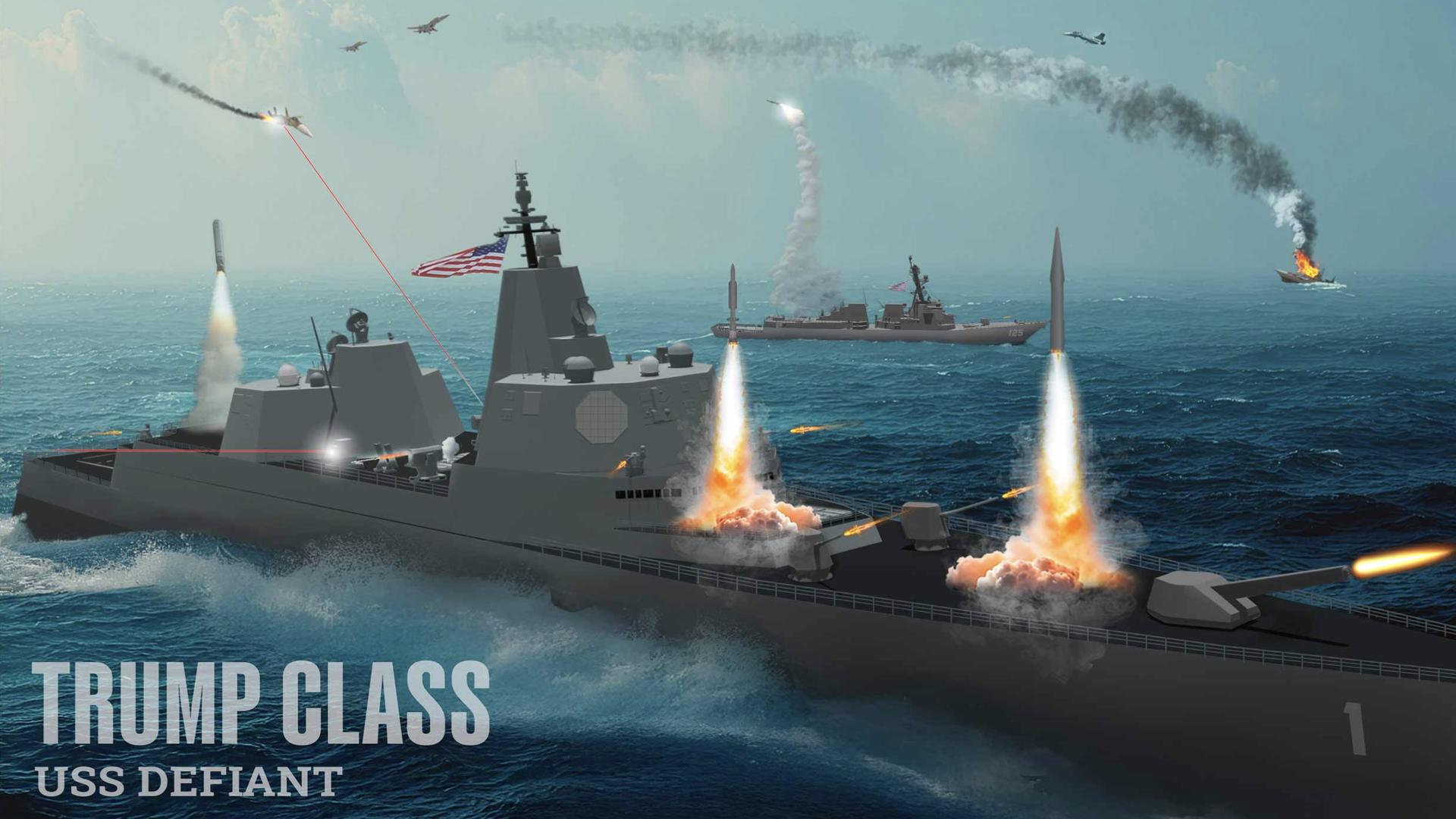Digital illustration of a Trump-class warship, the USS Defiant, firing missiles and guns in a naval battle, with smaller warships, fighter jets, and a burning ship in the ocean under a blue sky.