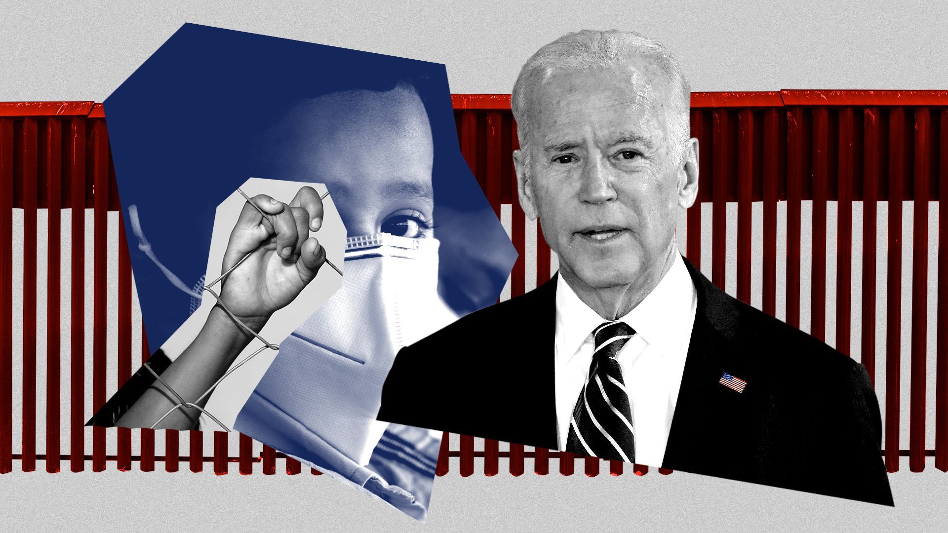 Photo illustration of Biden, a child holding a fence, and a migrant child, all over the border wall. 