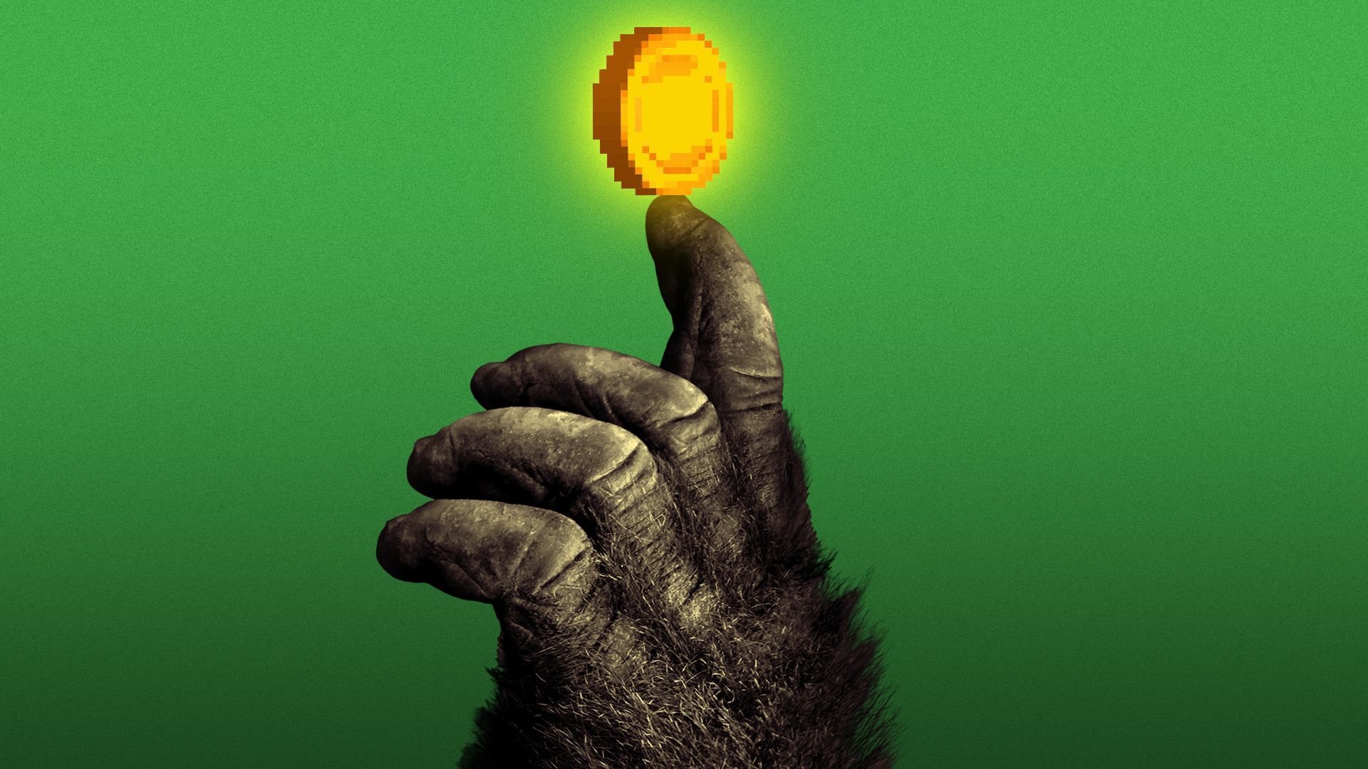 Illustration of a pixelated coin balancing on an ape's outstretched finger.
