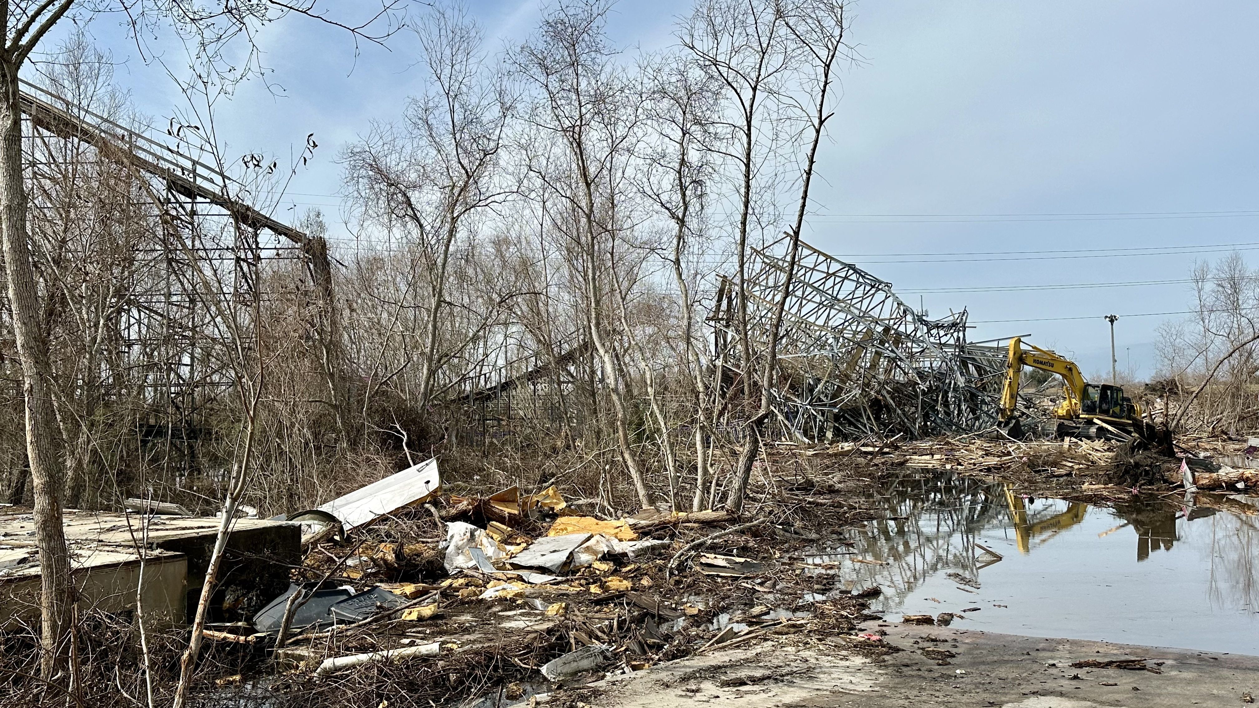 Photo shows an excavator near a rollercoaster.
