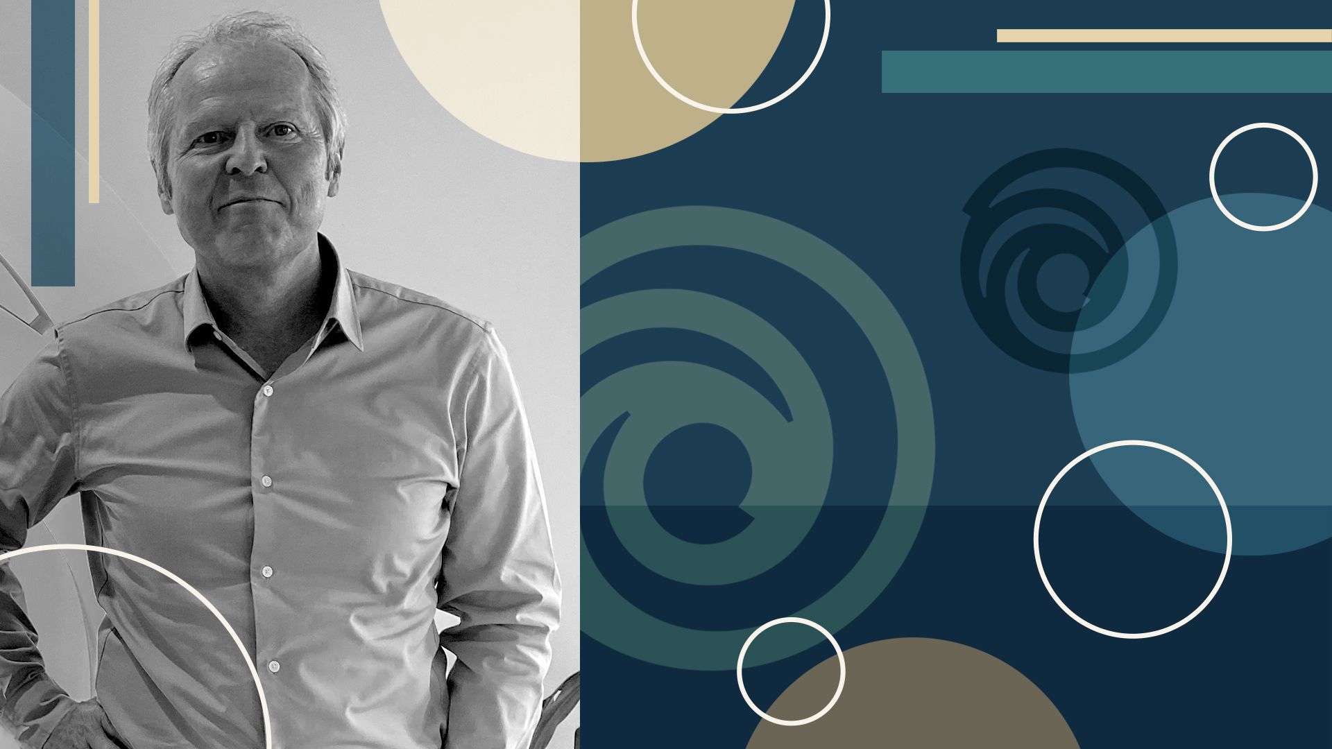 Photo Illustration of Ubisoft CEO, Yves Guillemot, with abstract shapes.