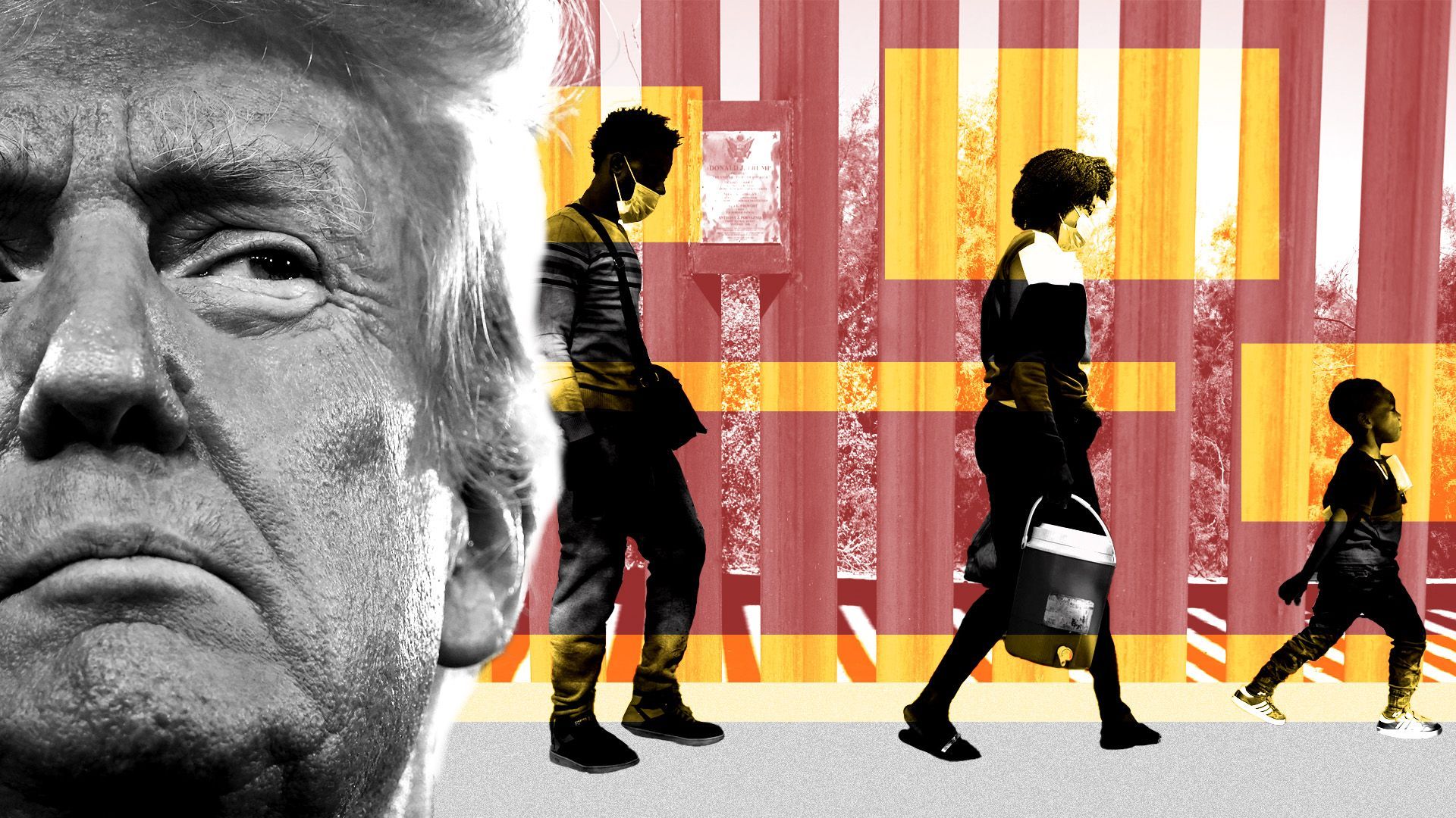 Photo illustration of Donald Trump and an asylum seeking family  over an image of the existing border wall