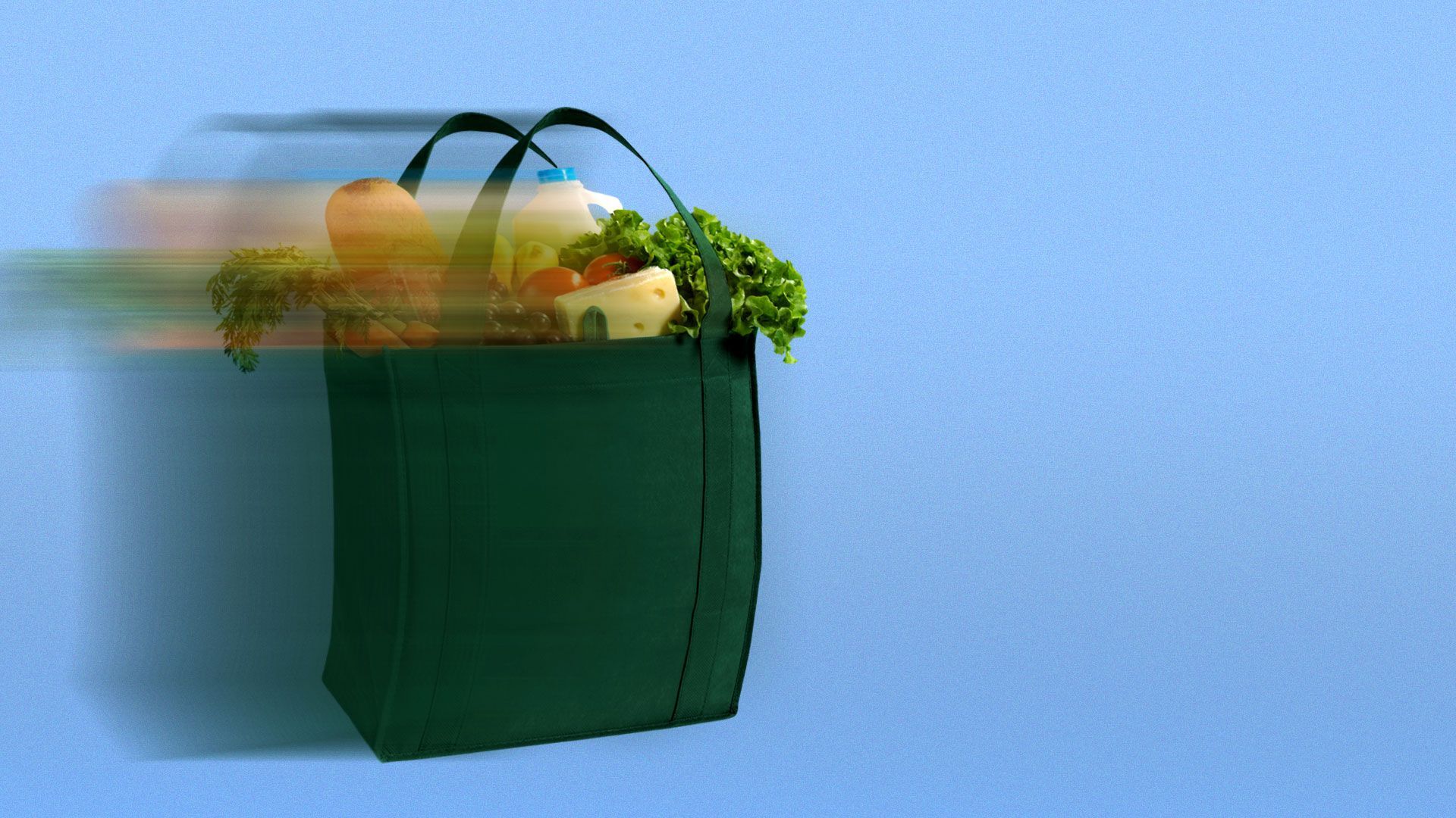 Illustration of a grocery bag speeding into the frame.