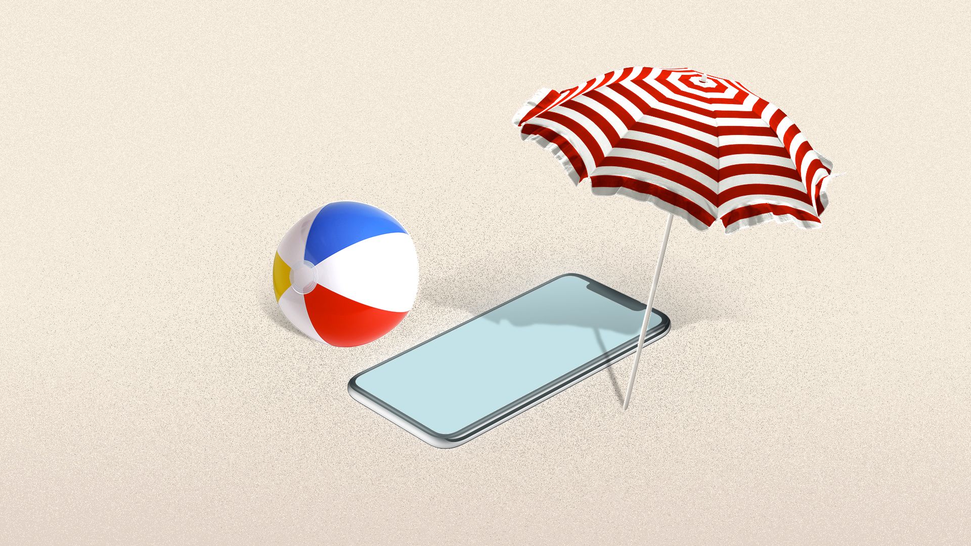 Illustration of a phone laying out on the beach under an umbrella. 